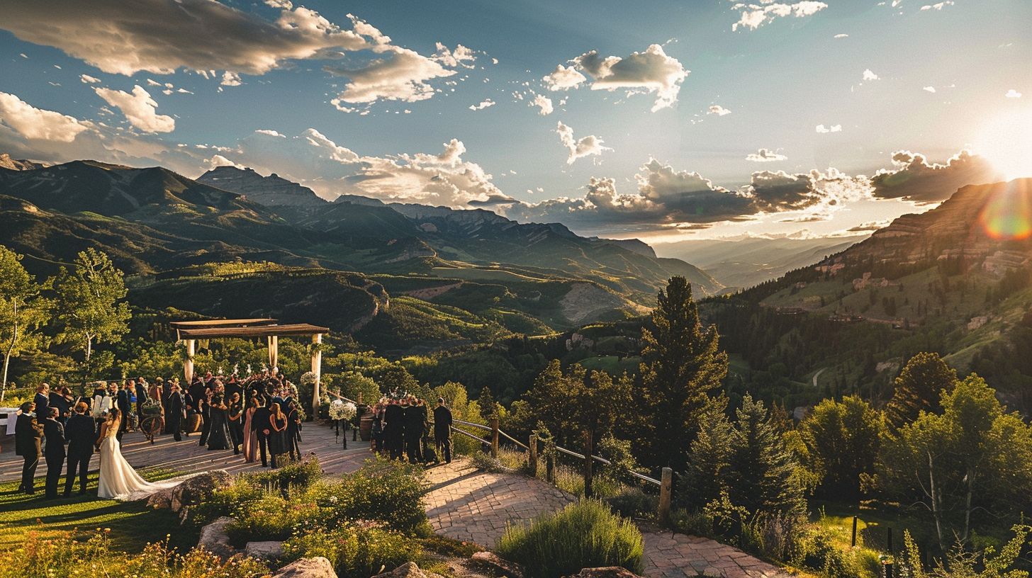 A wide-angle landscape photo of an outdoor wedding venue with a view of the Rocky Mountains.