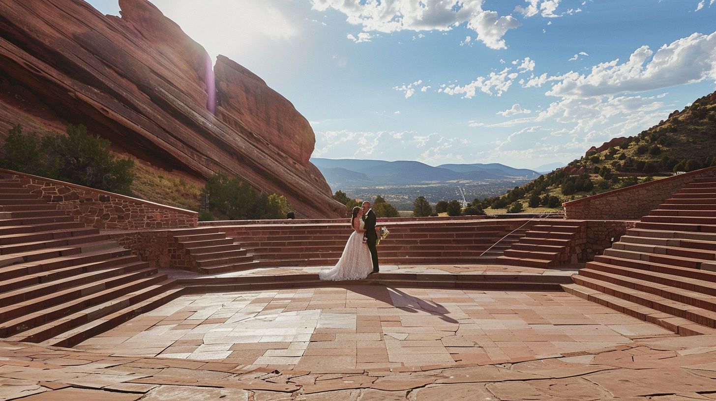 A bride and groom stand on stage at the Red Rocks Amphitheatre, surrounded by scenic mountain landscapes.
