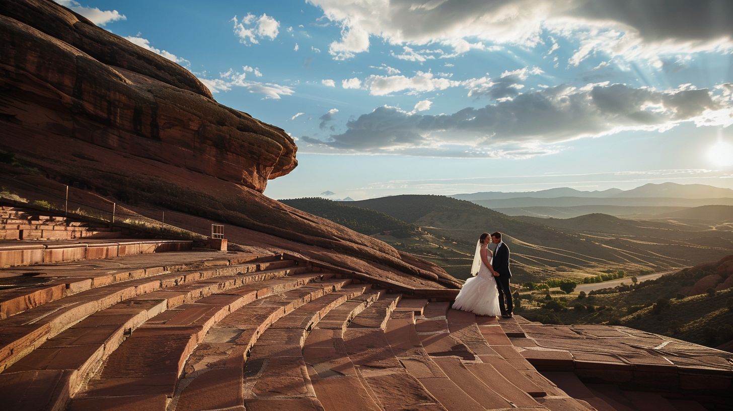 A bride and groom stand on stage at the Red Rocks Amphitheatre, surrounded by scenic mountain landscapes.