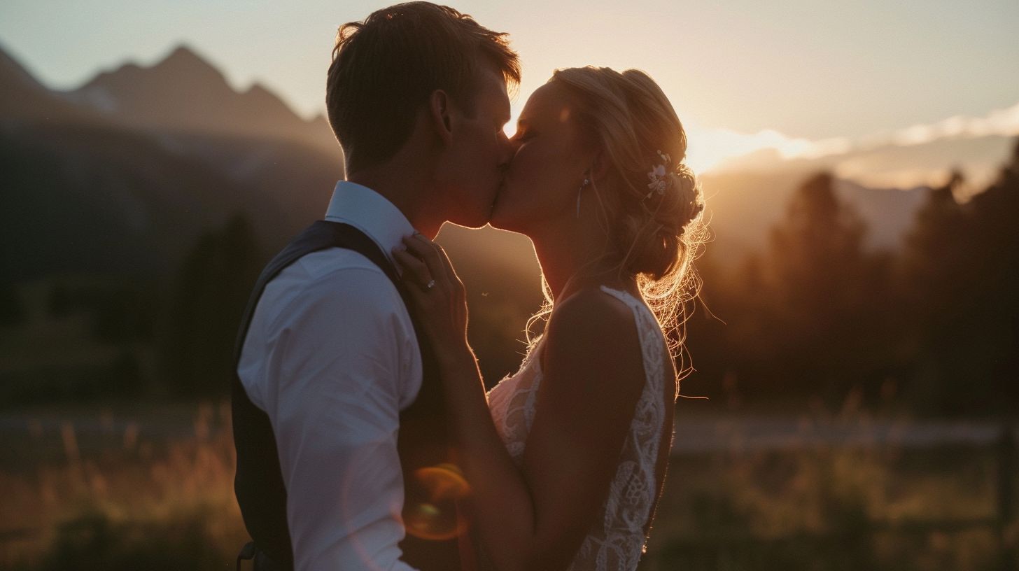 A newlywed couple shares a romantic kiss at sunset with a mountain backdrop.