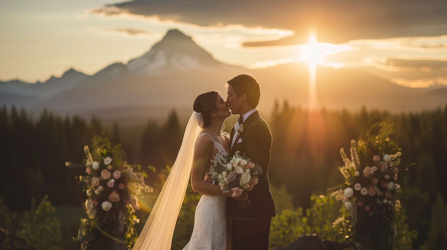 A newlywed couple shares a romantic kiss at sunset with a mountain backdrop.