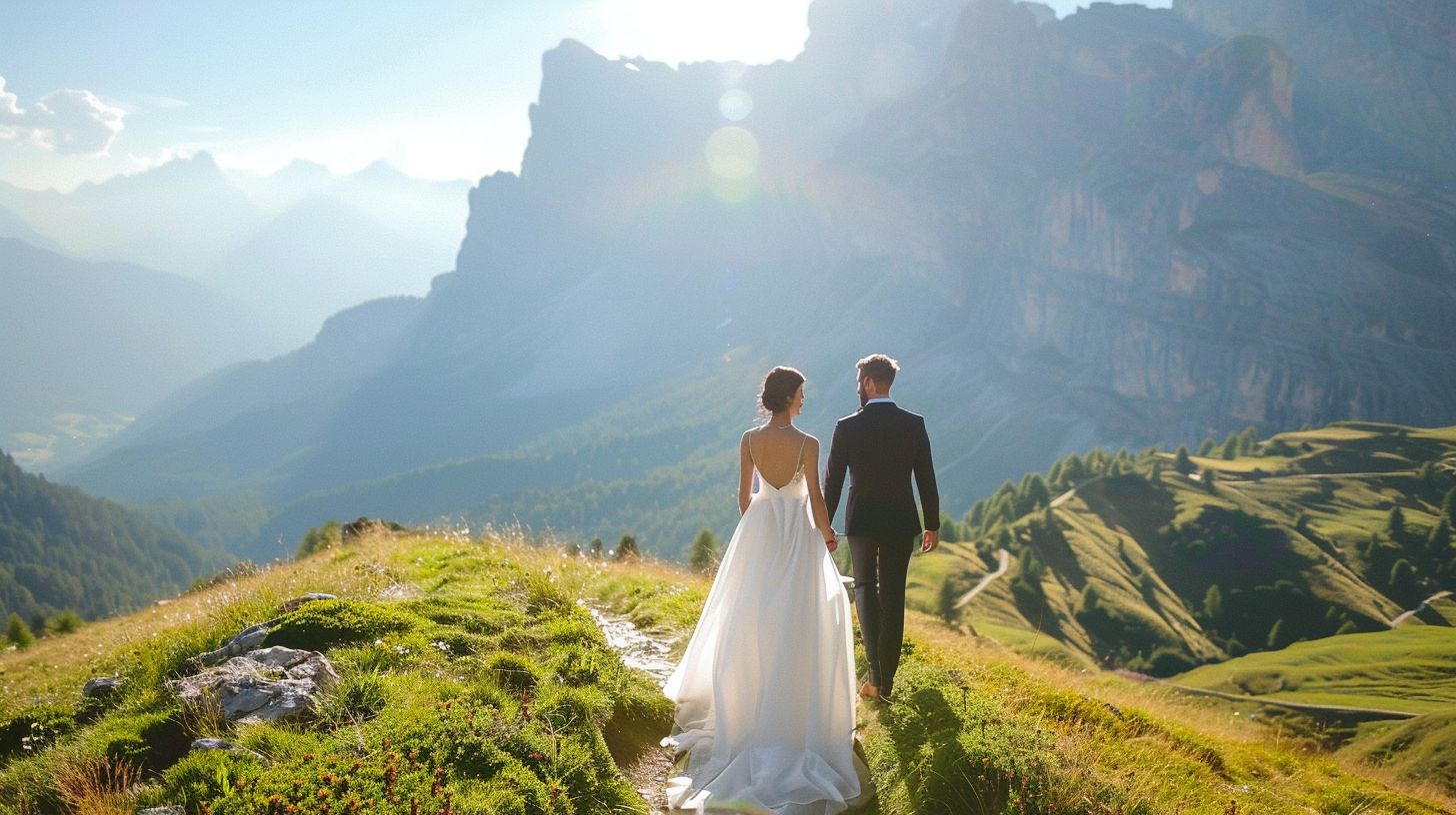 A wedding couple joyfully poses in front of stunning mountain scenery.