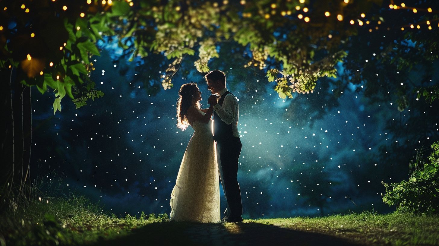 A newlywed couple dances under the stars in a moonlit garden.