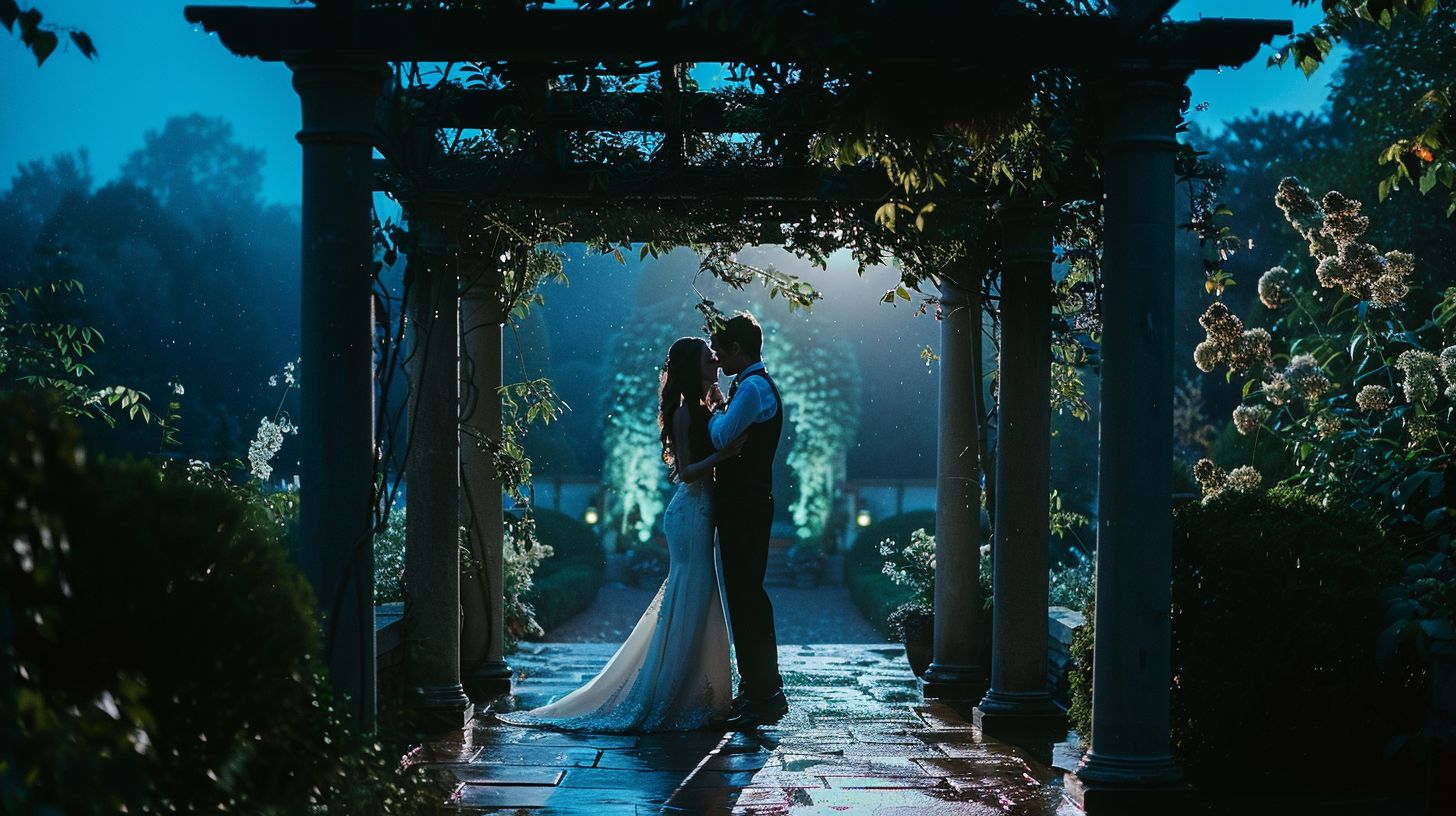 A newlywed couple dances under the stars in a moonlit garden.