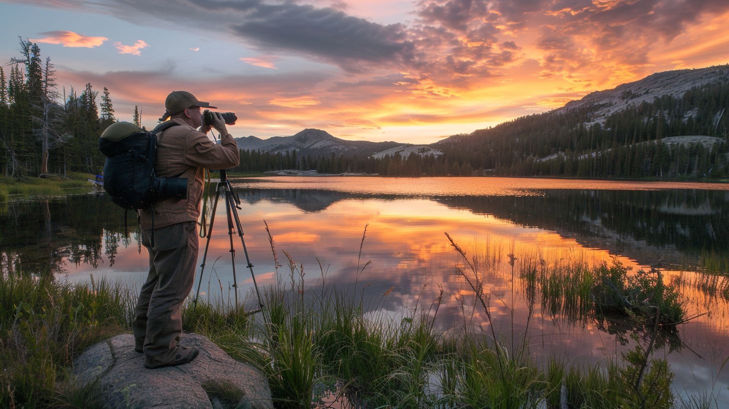 A hiker admires the reflections of Bear Lake at sunset while engaging in landscape photography.