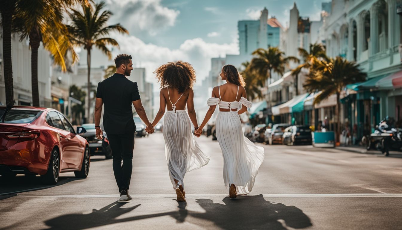 A couple strolling hand in hand along the lively South Beach strip in varied outfits.