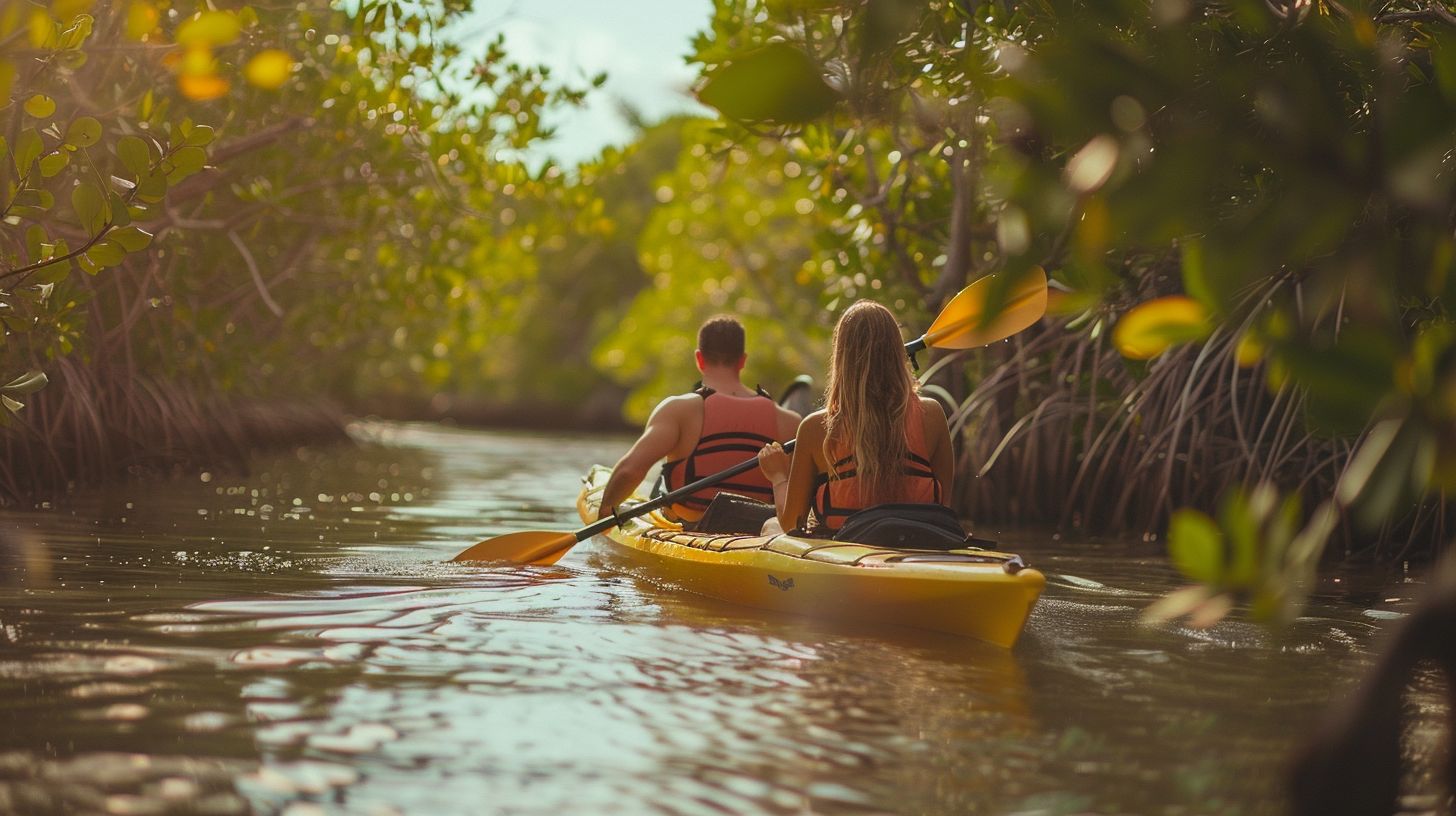 A couple kayaking through the mangroves at Lovers Key State Park in a nature photography shot.