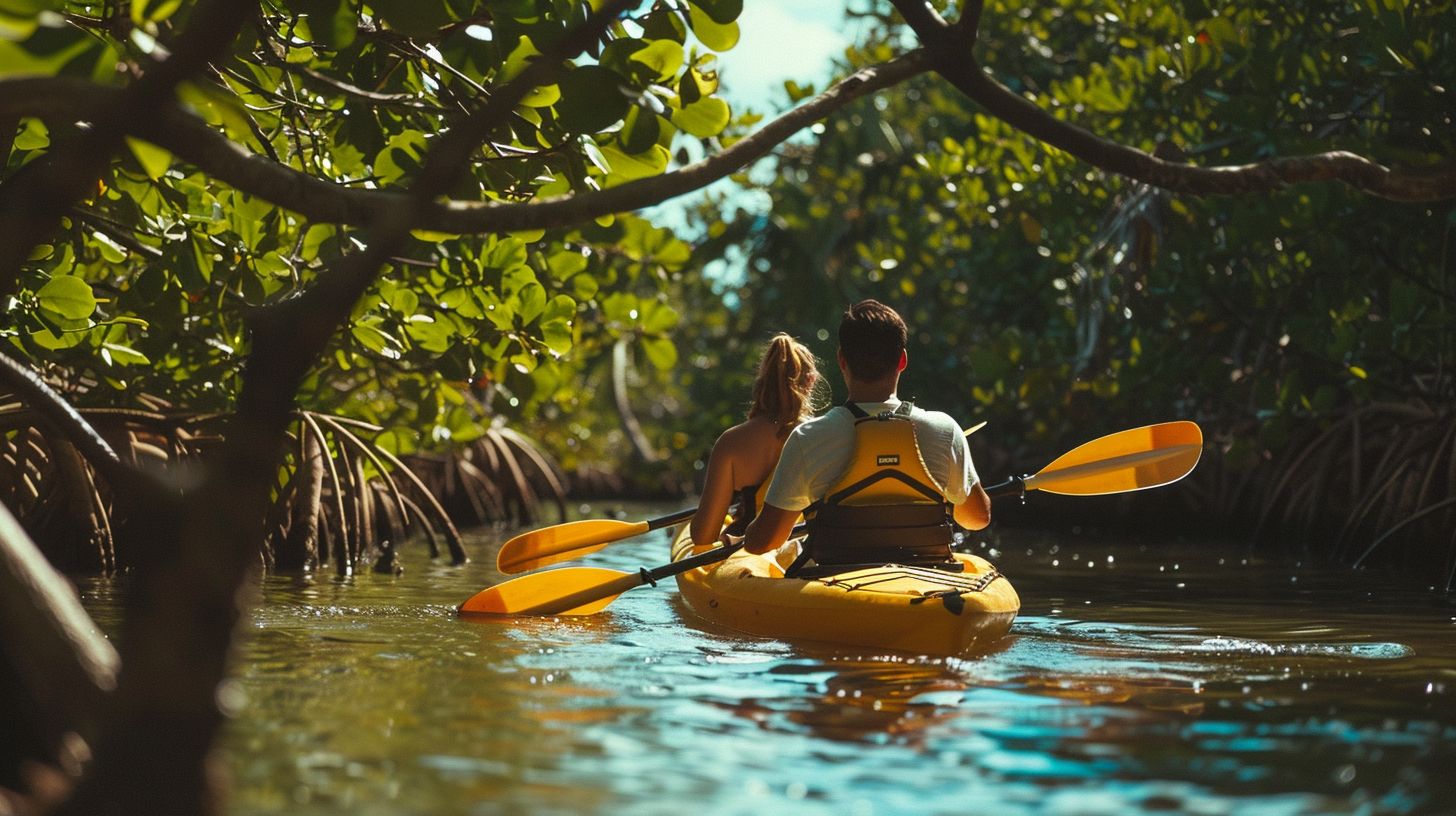 A couple kayaking through the mangroves at Lovers Key State Park in a nature photography shot.