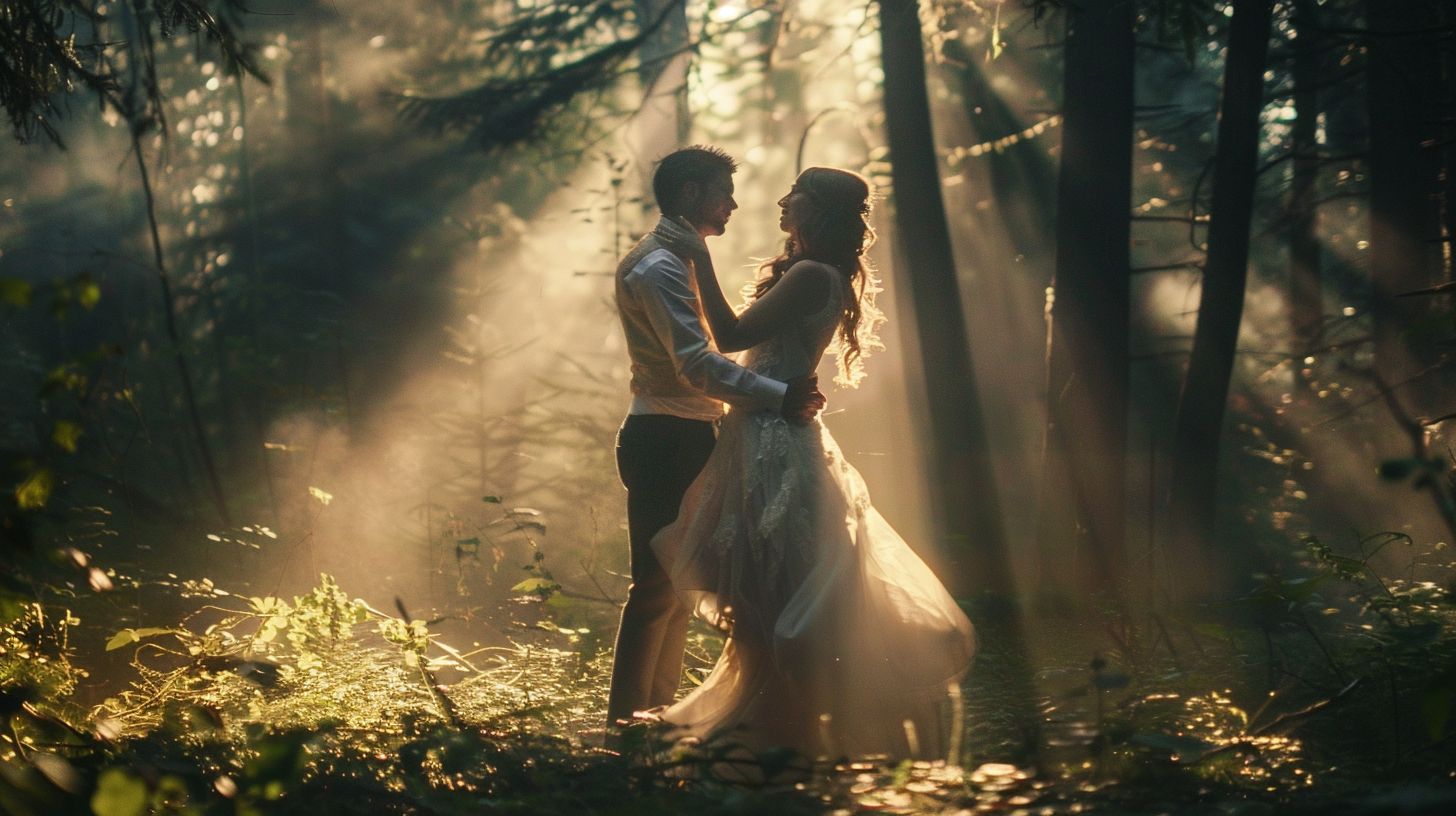 A bride and groom dance in a forest clearing, surrounded by magical light.