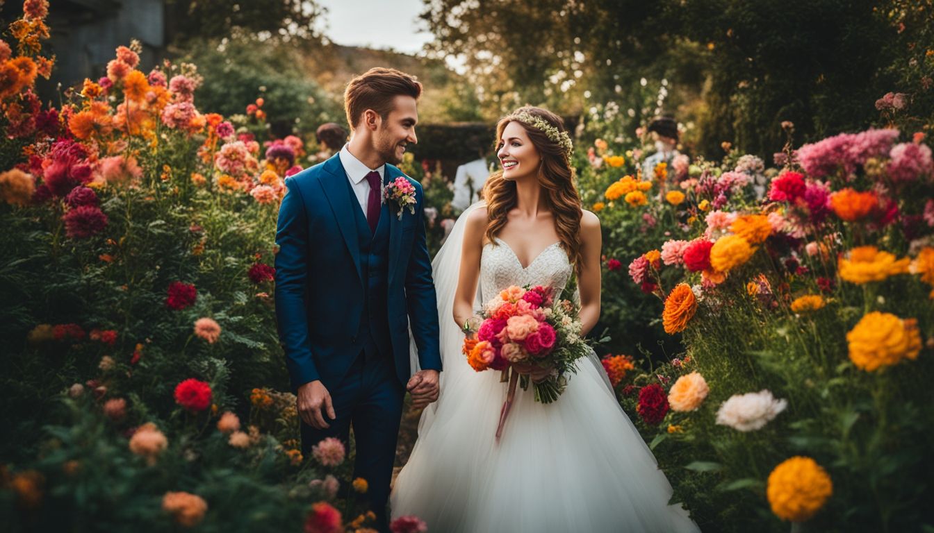 A vibrant flower garden featuring unique wedding color schemes and diverse people.