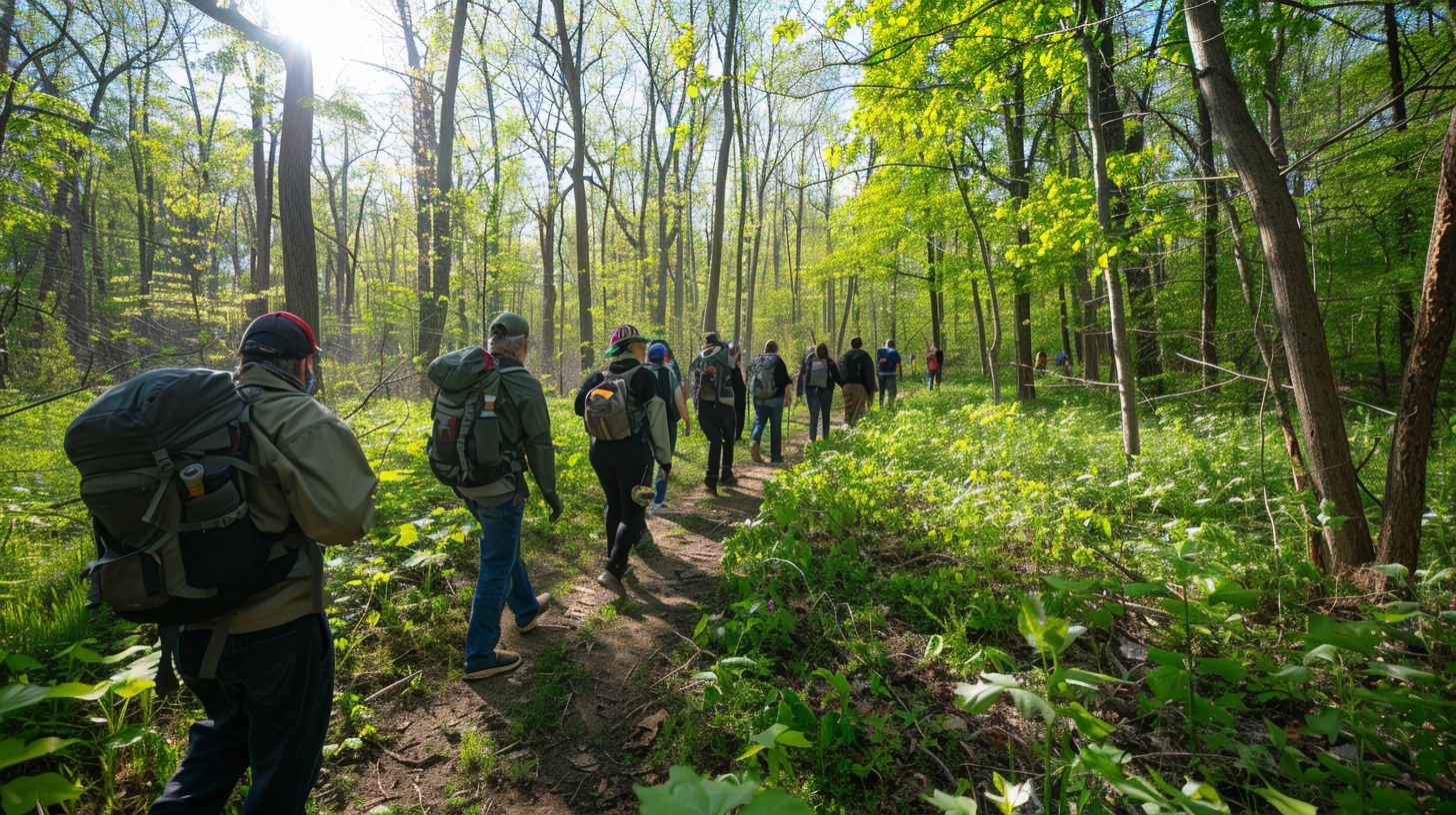 A group of hikers exploring lush trails during an Earth Day celebration.