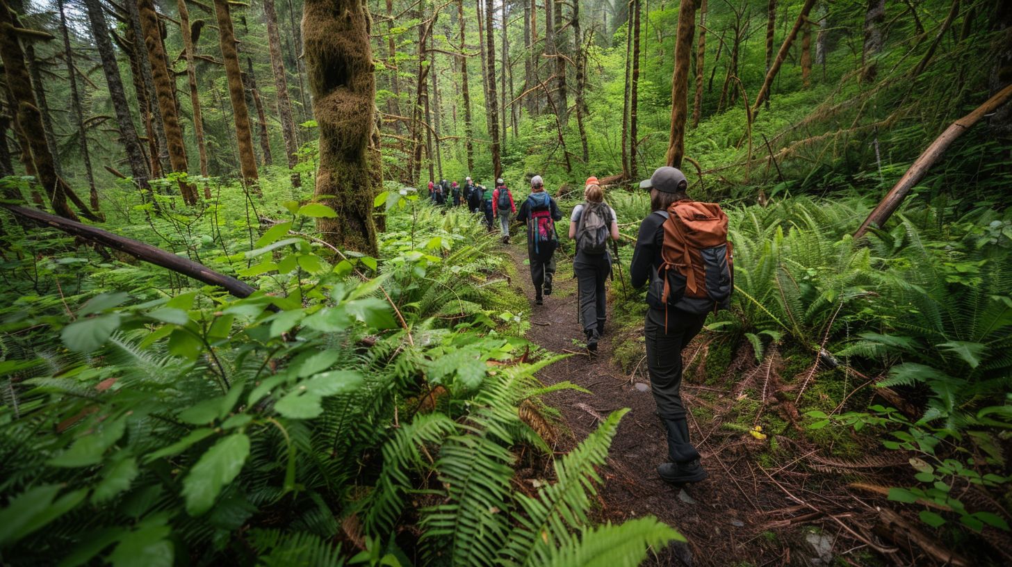 A group of hikers exploring lush trails during an Earth Day celebration.