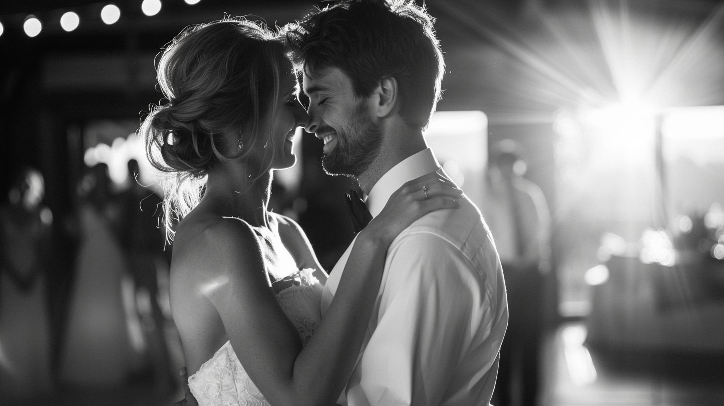 A newlywed couple sharing a spontaneous dance at their reception, captured with documentary photography.