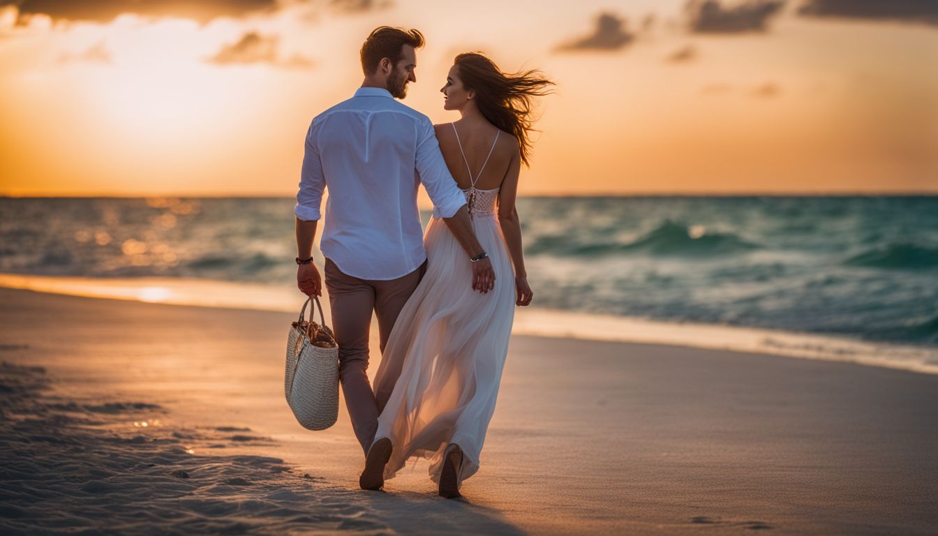 A man and woman enjoy a romantic sunset stroll on Miami Beach with a bustling atmosphere.