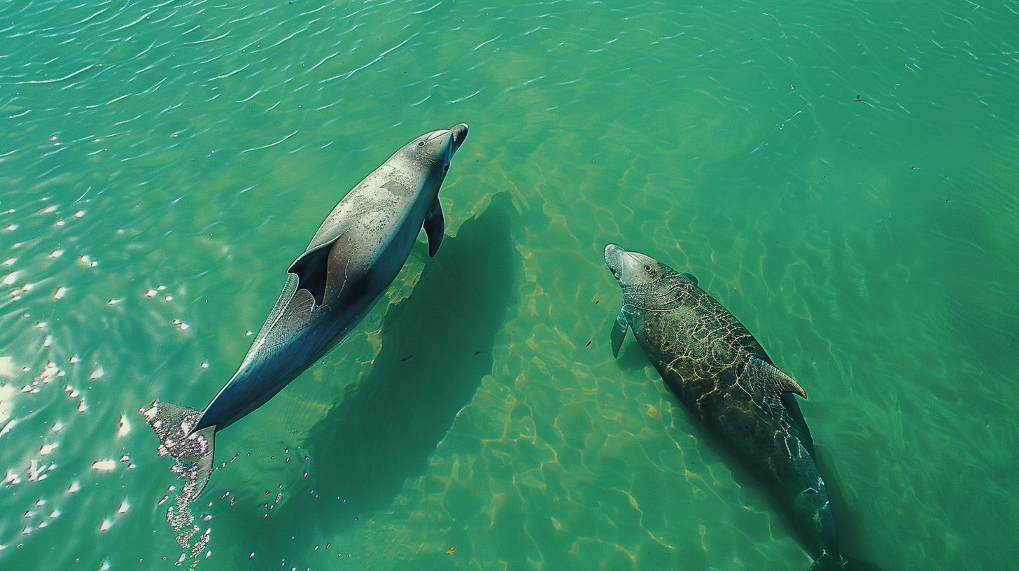 A dolphin and a manatee are swimming in the turquoise waters of Lovers Key State Park.