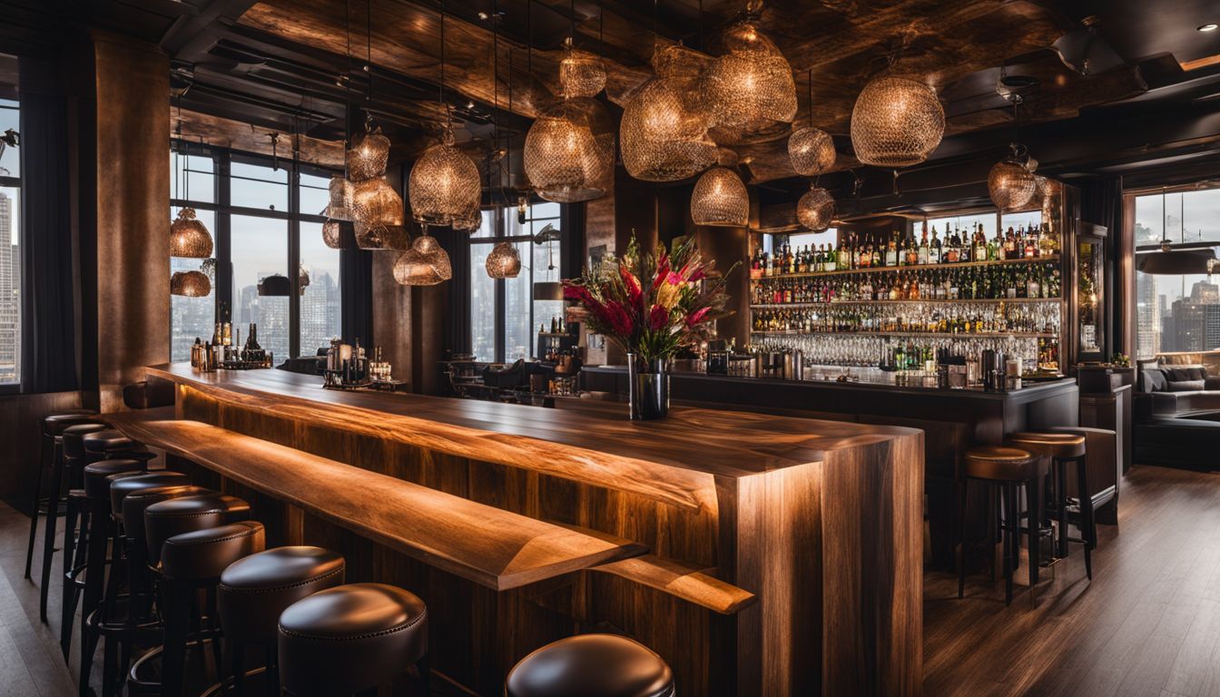 A stylish and bustling event venue with a well-decorated wood bar.