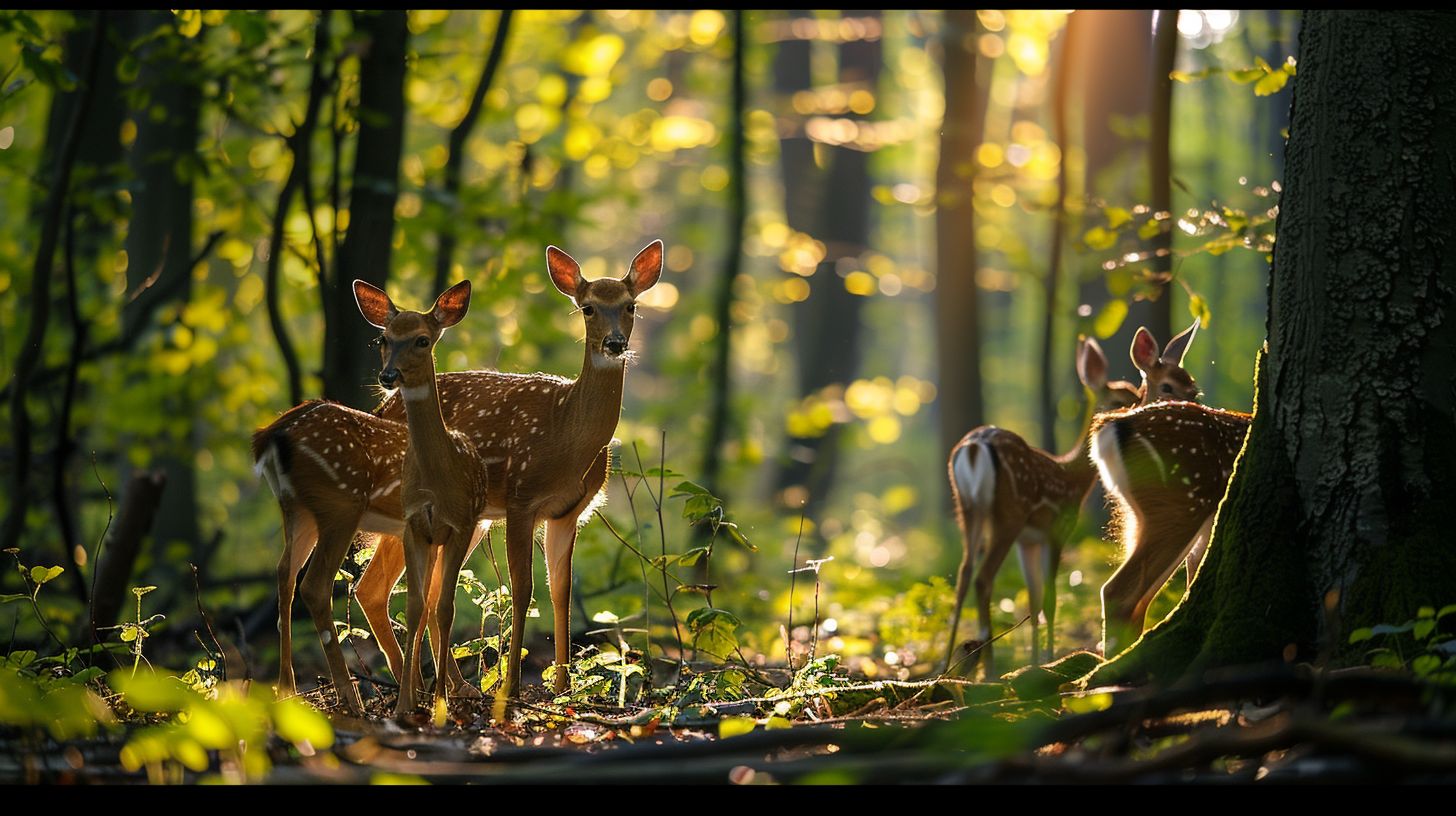 A forest clearing with diverse wildlife captured in a telephoto lens.