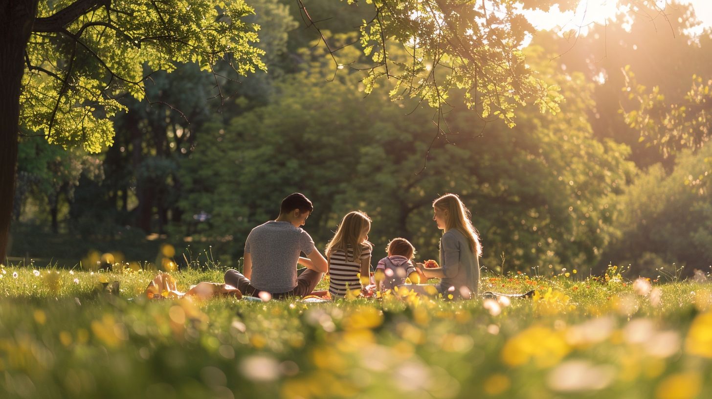 A family having a picnic in a sunny park, captured with a DSLR camera.