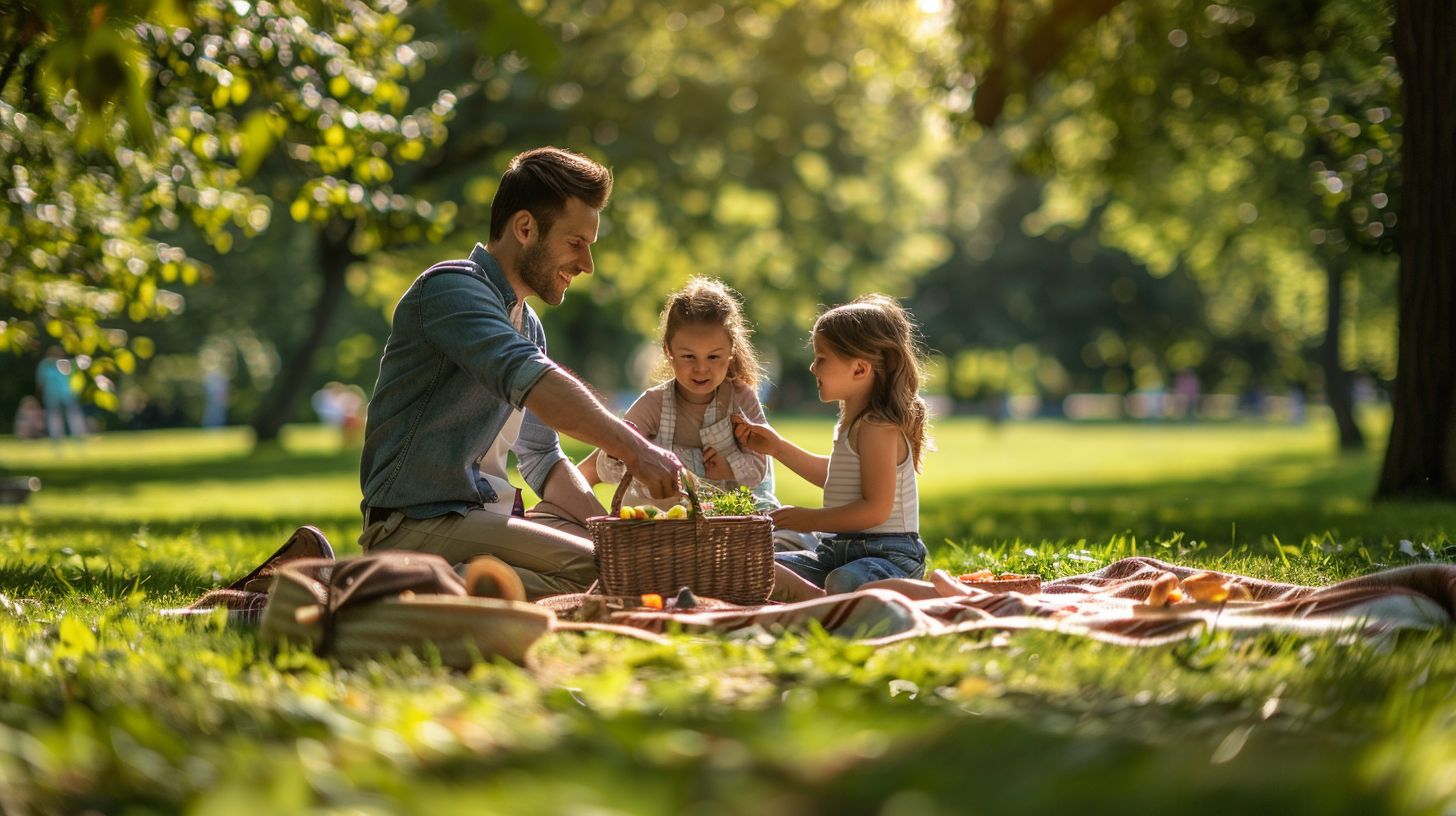 A family having a picnic in a sunny park, captured with a DSLR camera.