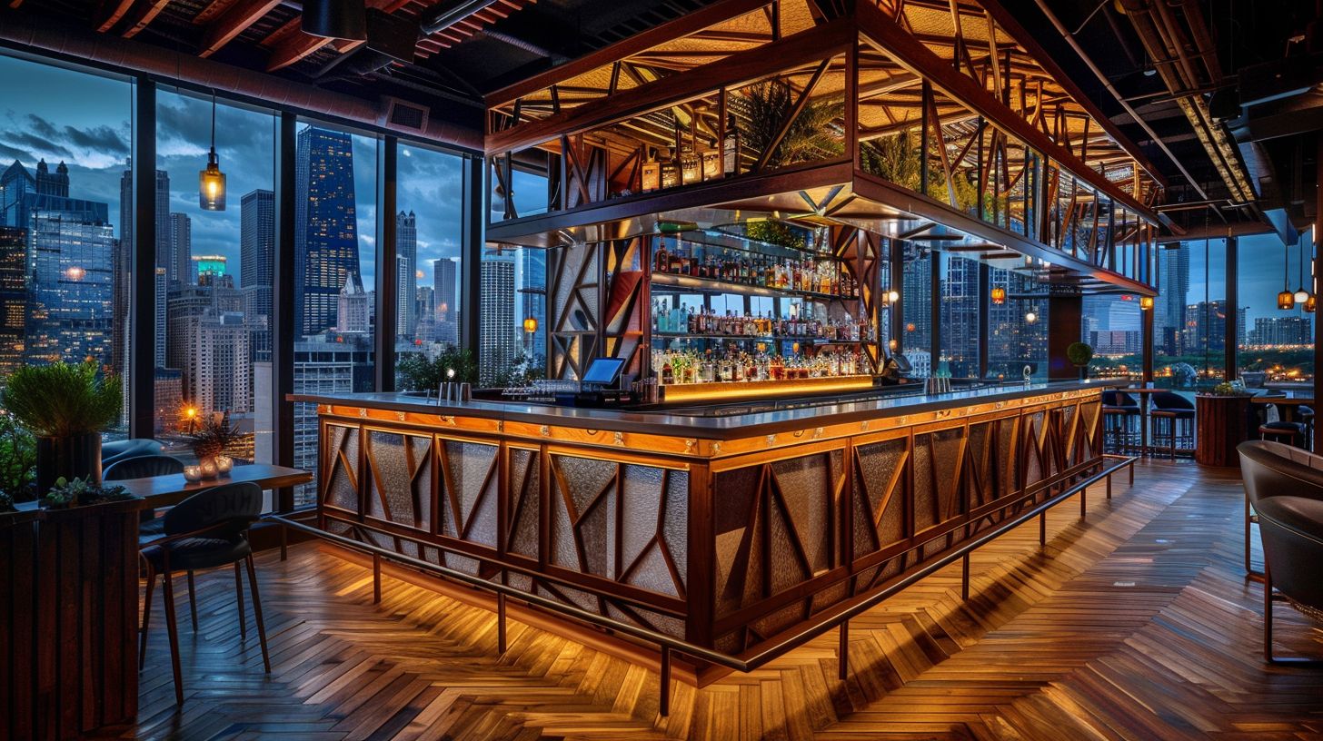 A chic wooden bar with a stunning view of the Chicago skyline.
