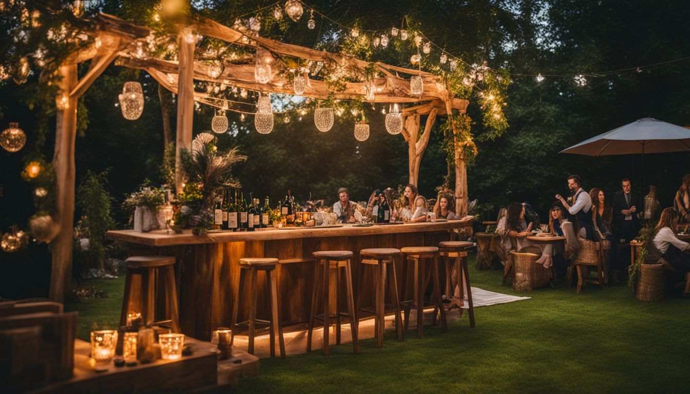 An outdoor garden party with a beautifully decorated wood bar.