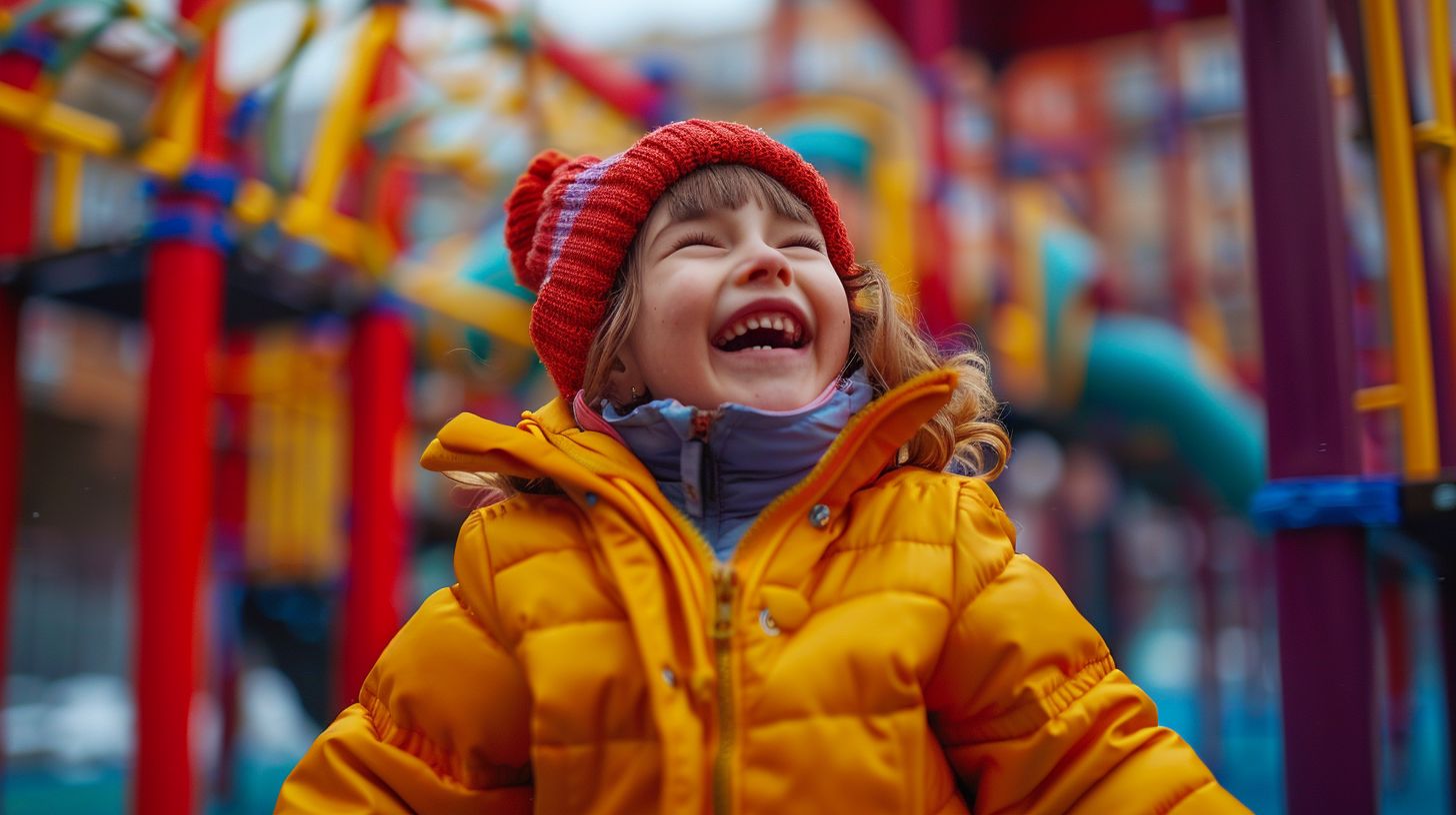 A child joyfully plays at a colorful playground, captured candidly with a 35mm lens.