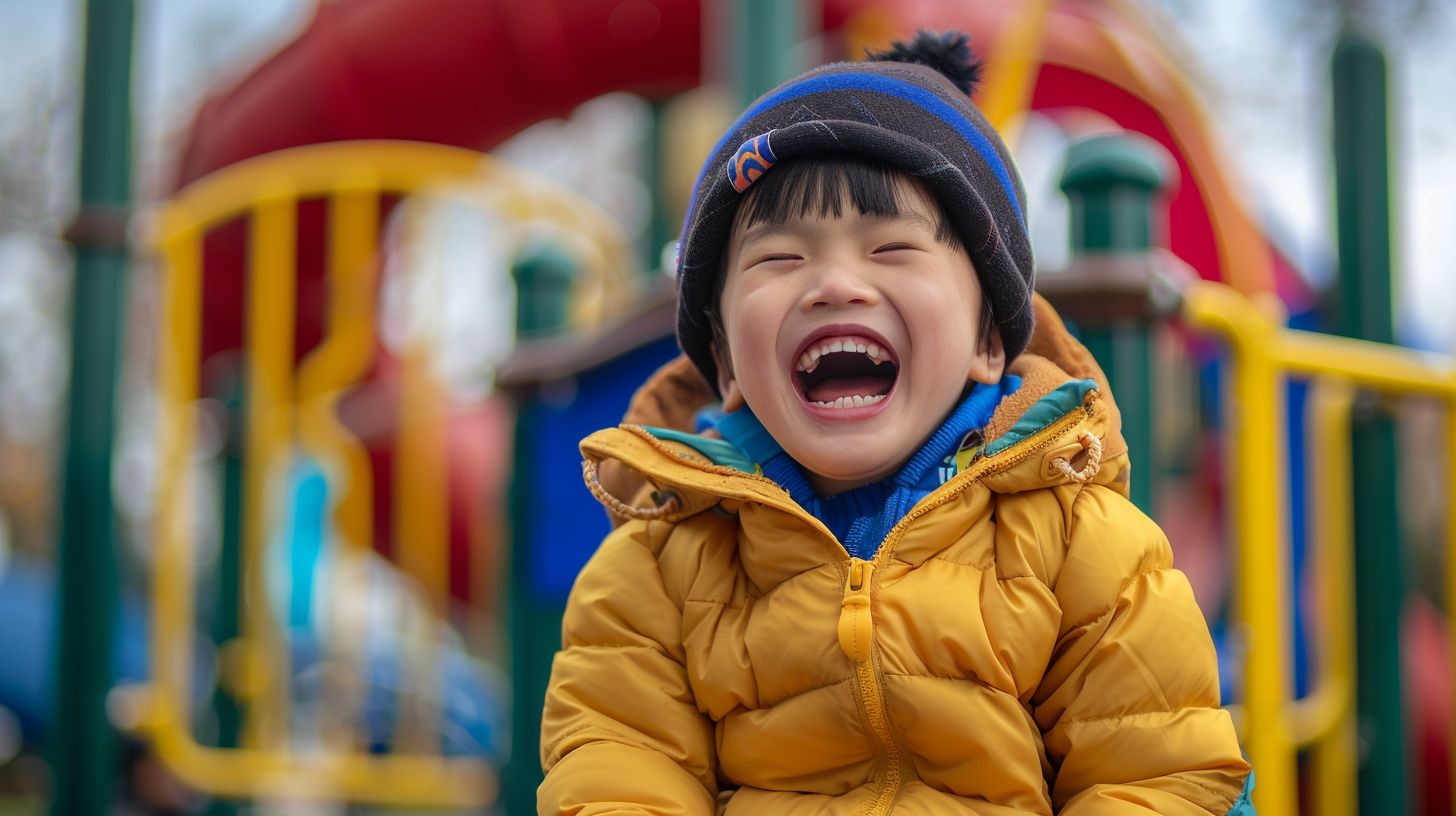 A child joyfully plays at a colorful playground, captured candidly with a 35mm lens.