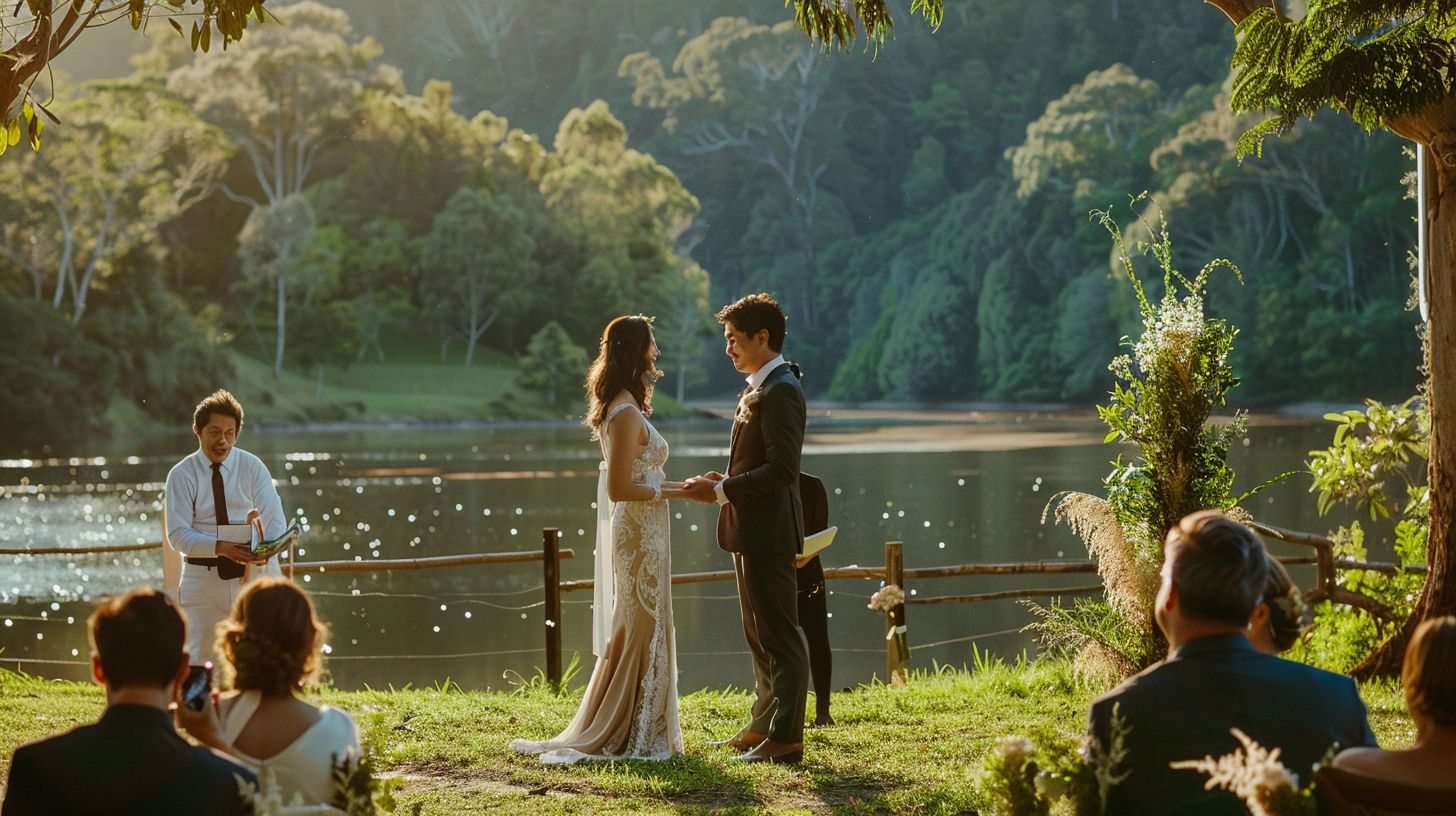 A bride and groom exchange vows in a scenic outdoor setting captured by Landscape Photography.