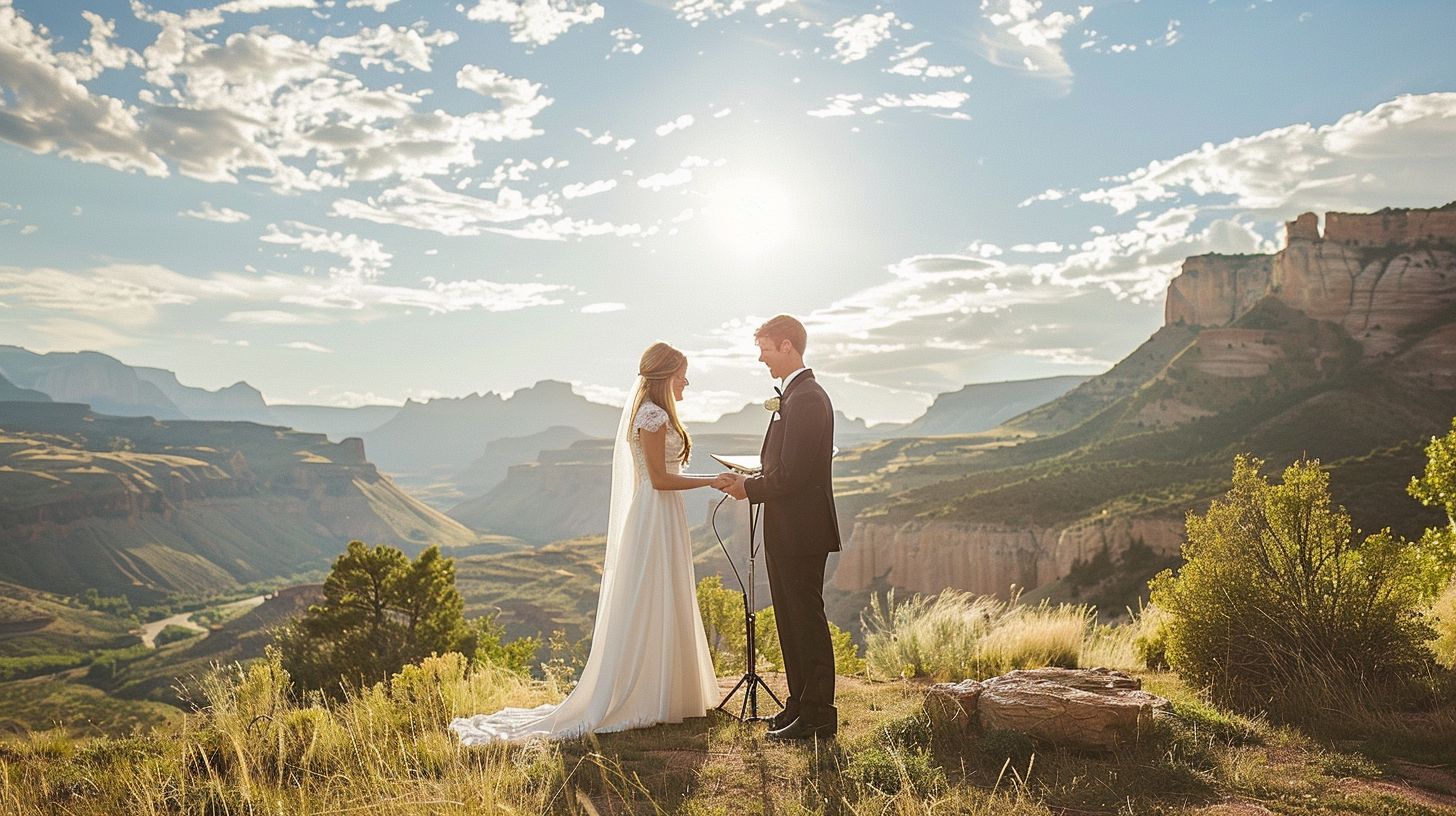 A bride and groom exchange vows in a scenic outdoor setting captured by Landscape Photography.