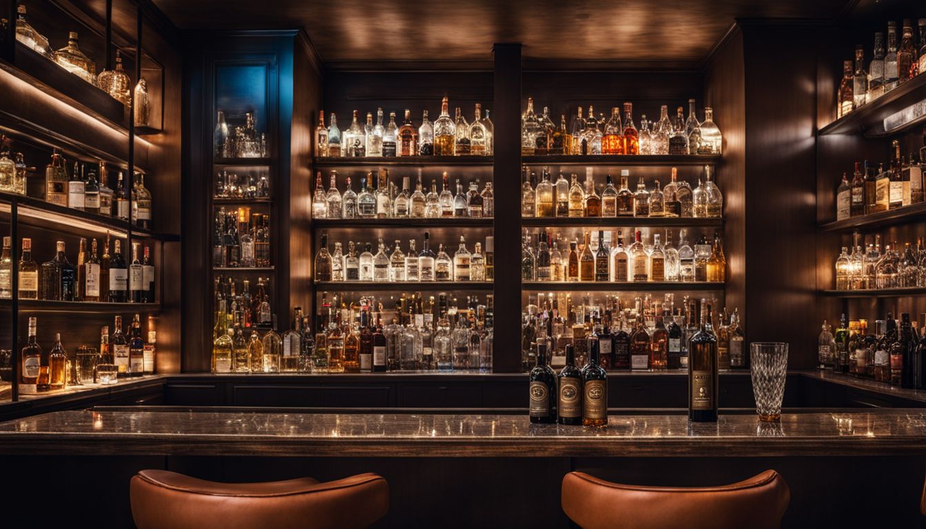 A stylish bar setup with shelves filled with various liquor bottles.