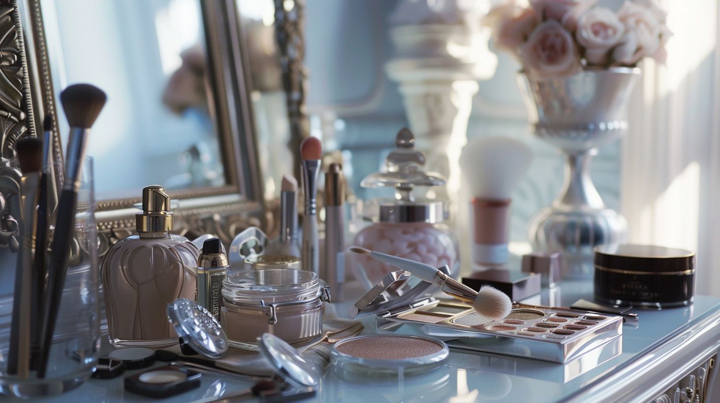 A vanity table set up with bridal make-up products and tools for a Still Life Photography shoot.