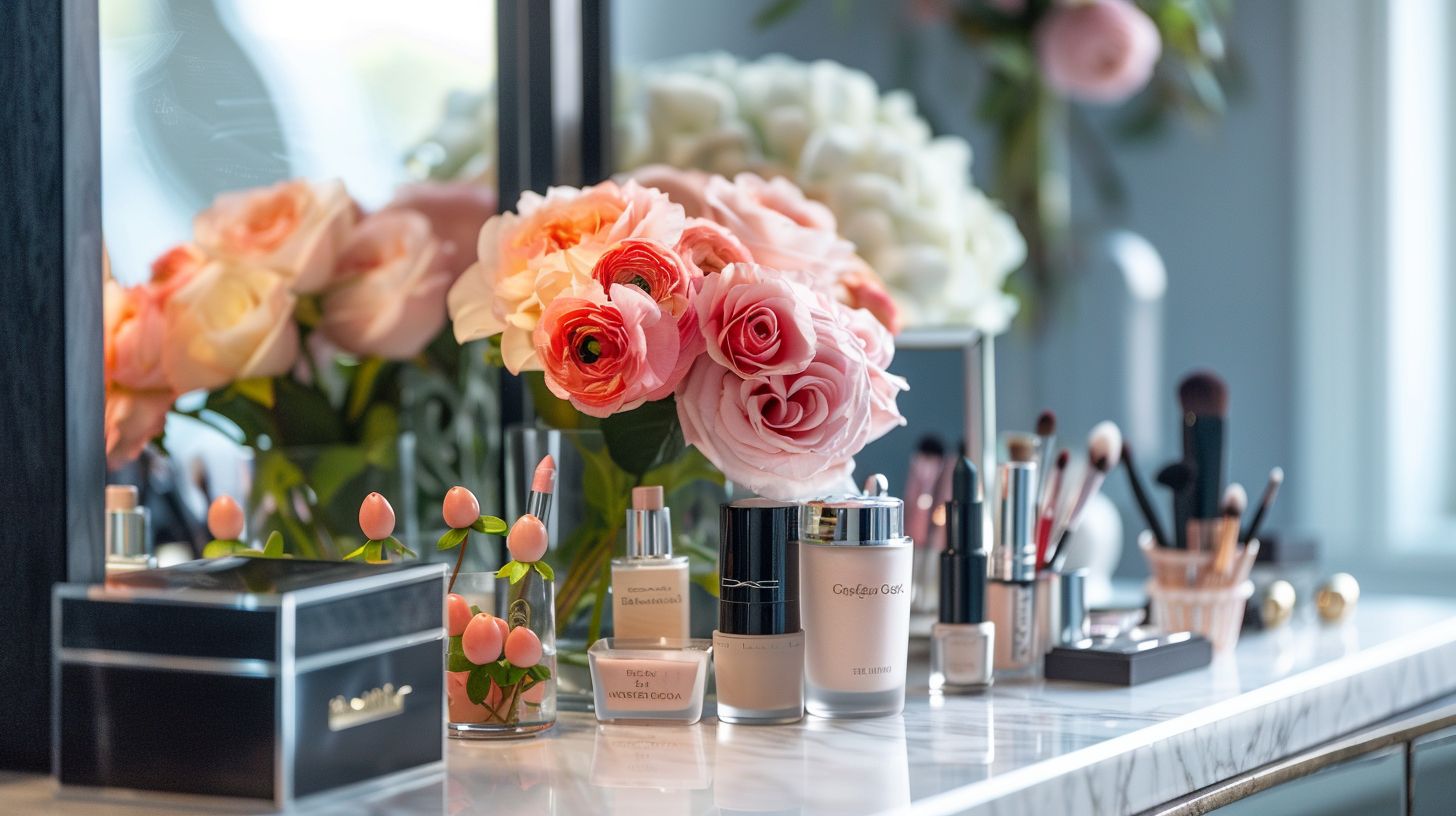 A vanity table set up with bridal make-up products and tools for a Still Life Photography shoot.