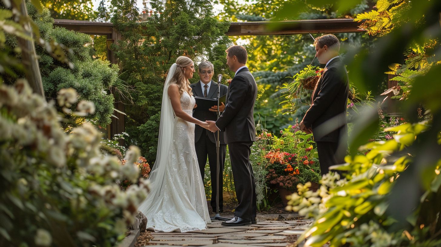 The bride and groom exchange vows in a beautiful garden setting.