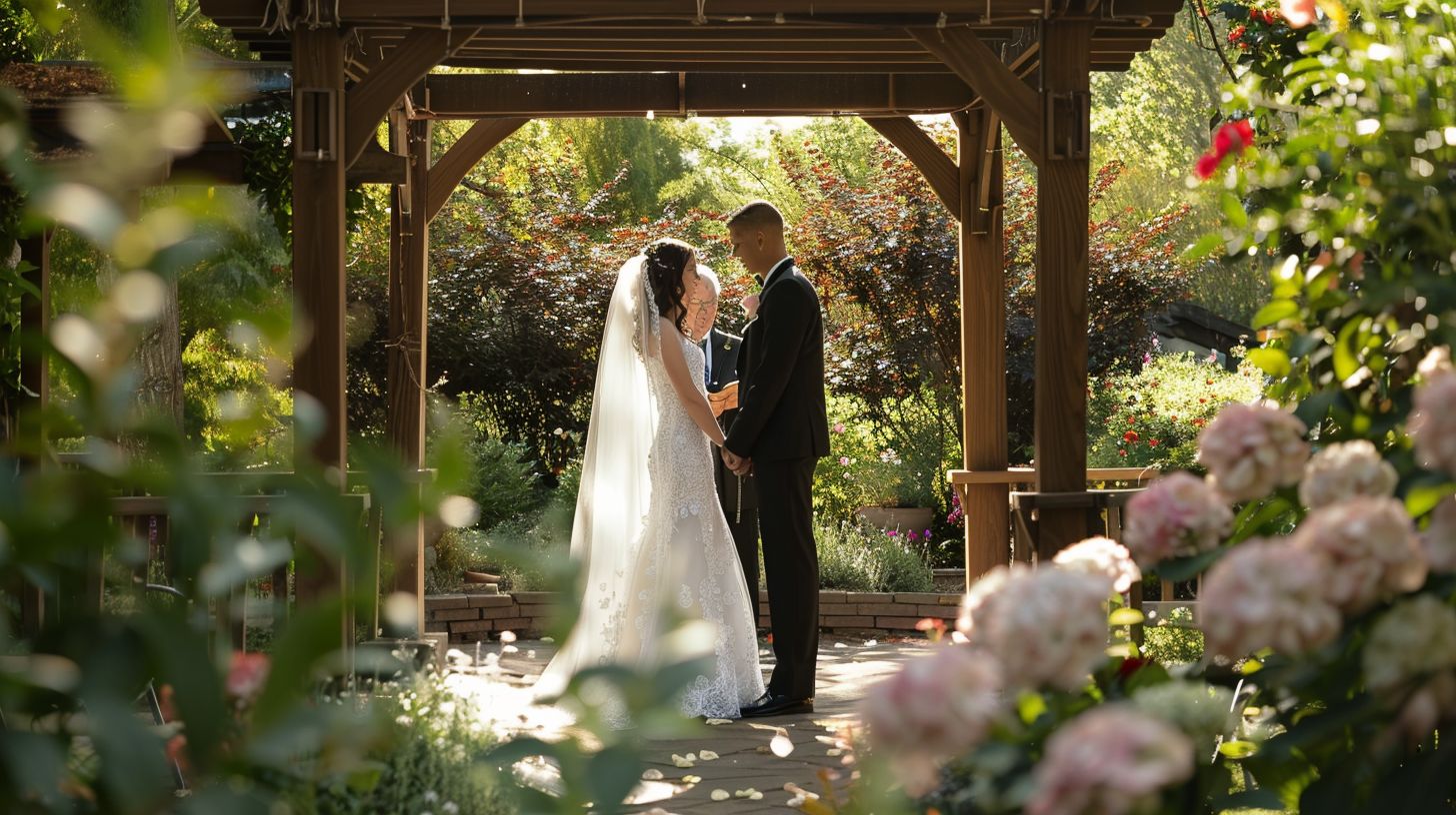 The bride and groom exchange vows in a beautiful garden setting.