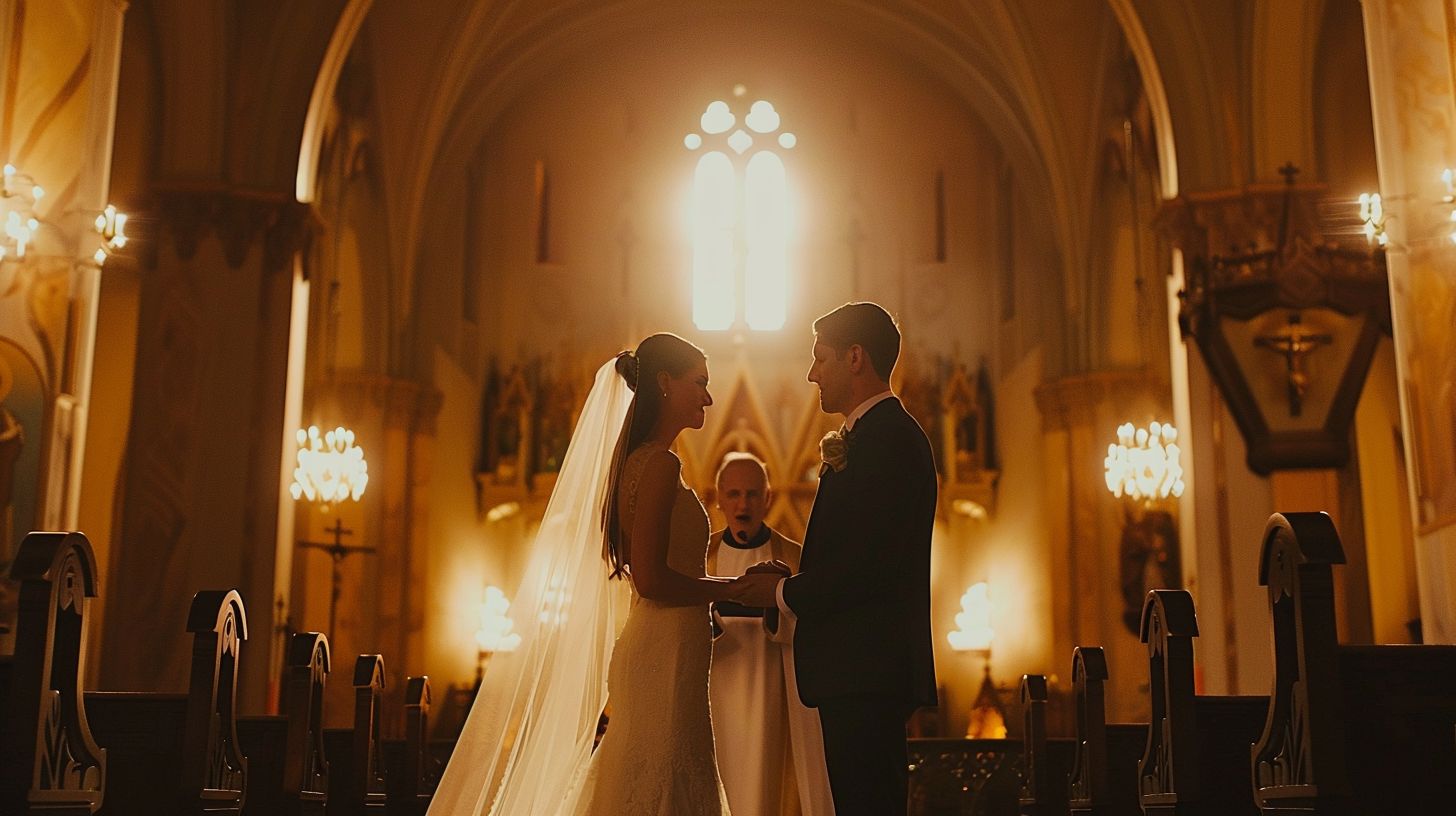 A bride and groom exchange rings in a beautifully illuminated church during their wedding ceremony.