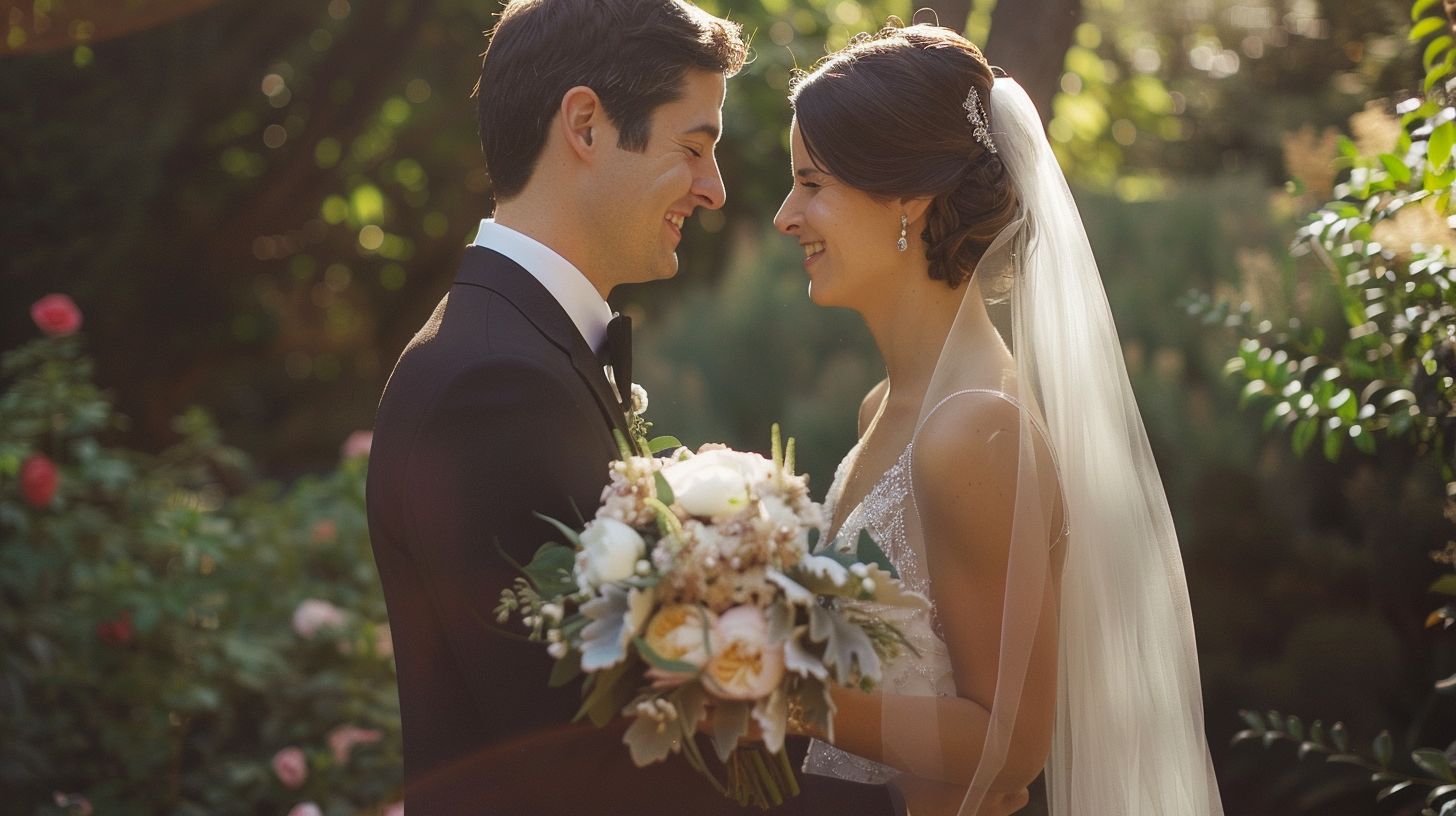 The bride and groom exchange vows in a romantic garden setting, captured in dreamy portrait photography.
