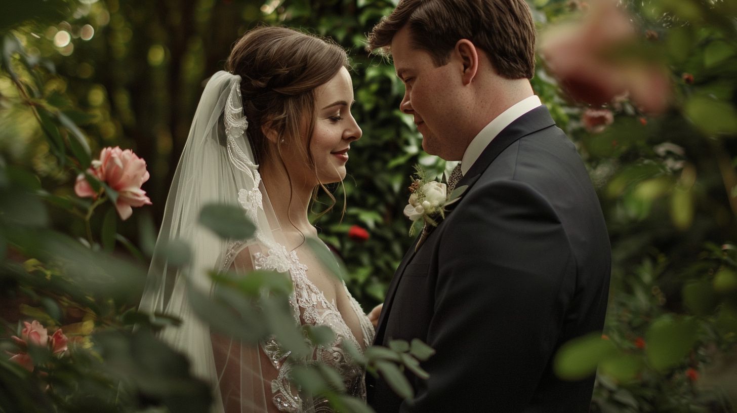 The bride and groom exchange vows in a romantic garden setting, captured in dreamy portrait photography.