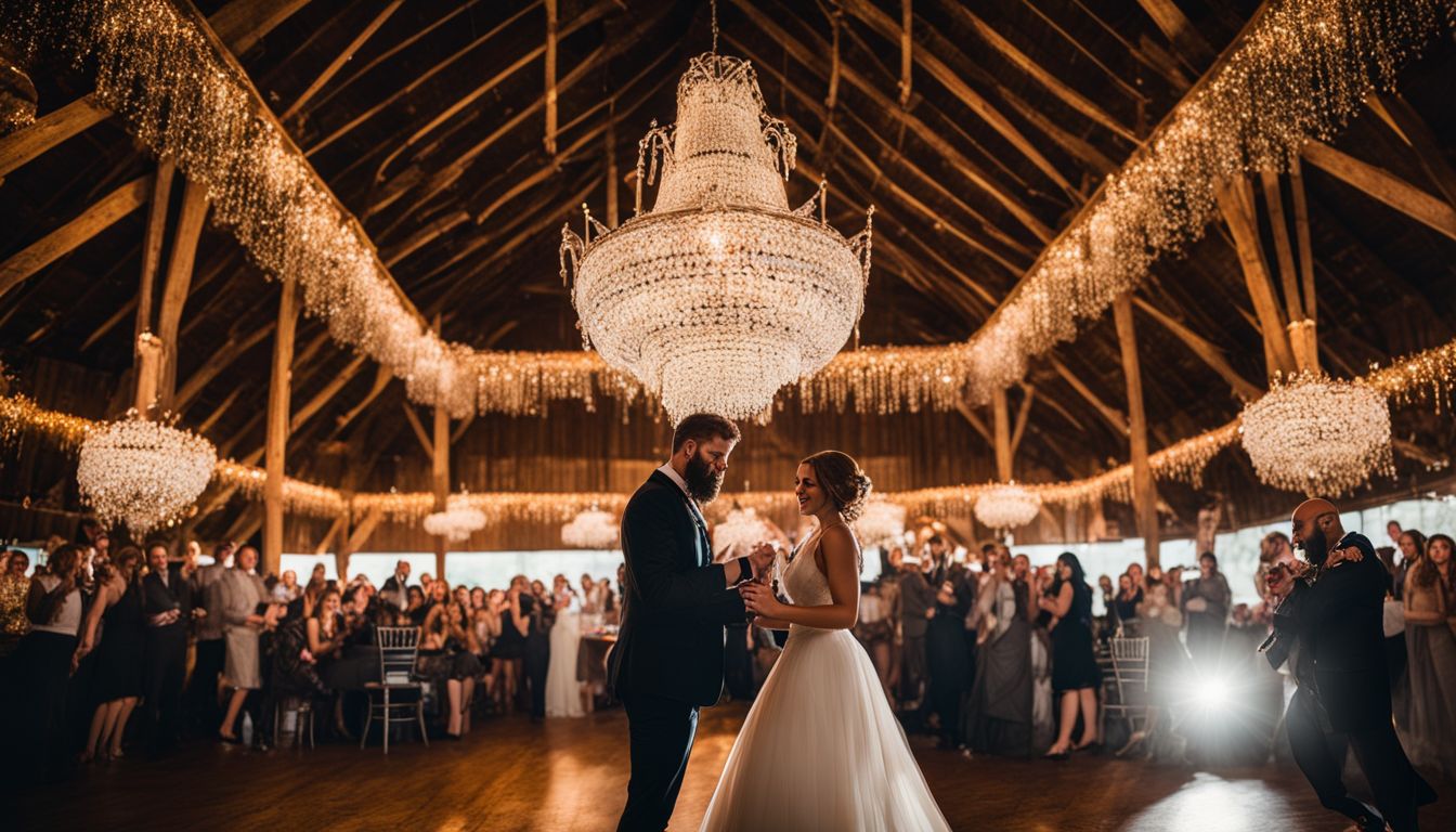 A newlywed couple dancing under sparkling chandeliers in a historic barn.