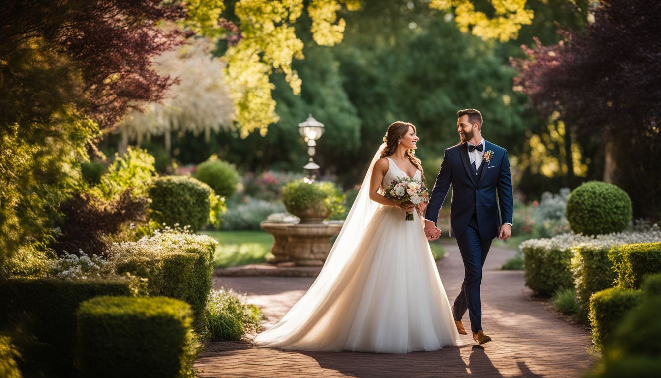 A bride and groom walking through beautiful gardens at Lionsgate Event Center.