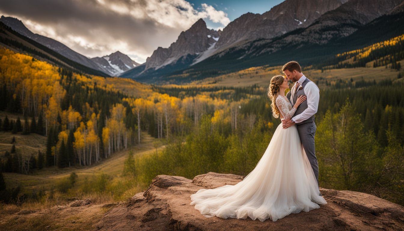 A bride and groom standing beneath a rustic, scenic Colorado mountain backdrop for their wedding photo.