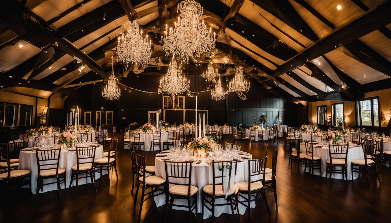 A wedding at The Chandelier Barn, beautifully decorated with a bustling atmosphere.