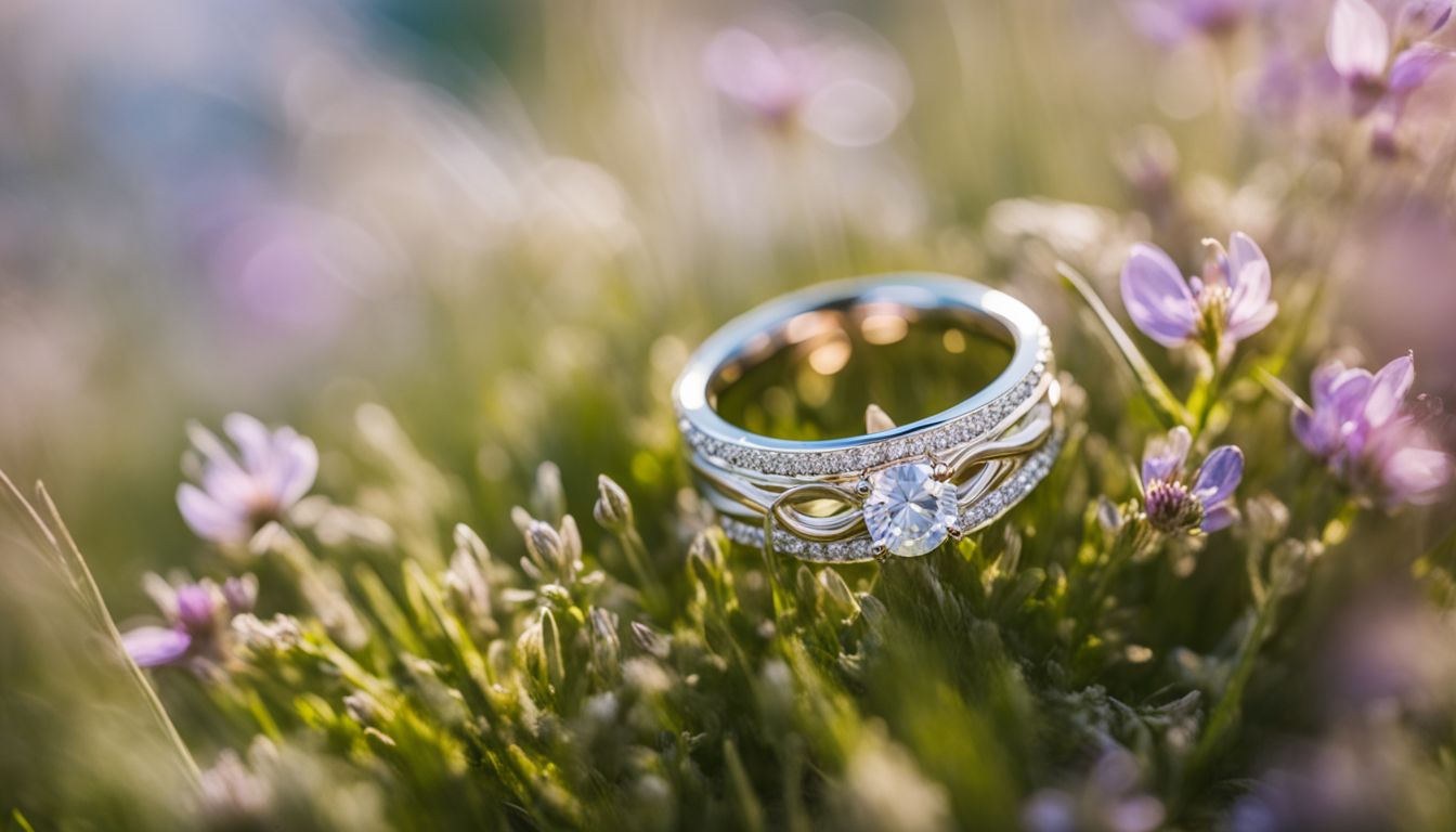 A rustic wedding ring is placed on a blooming wildflower field in a nature photography setting.