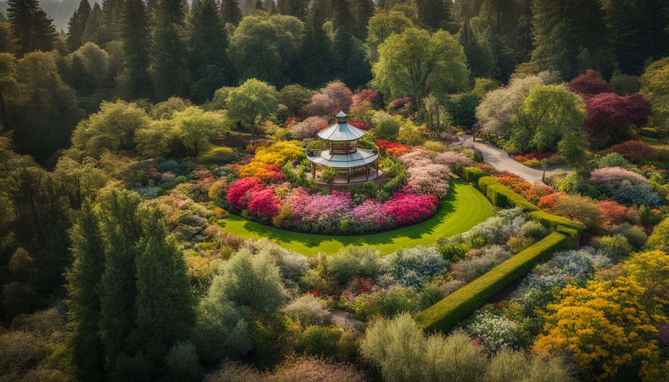 An aerial view of colorful blooming gardens in Northern California.