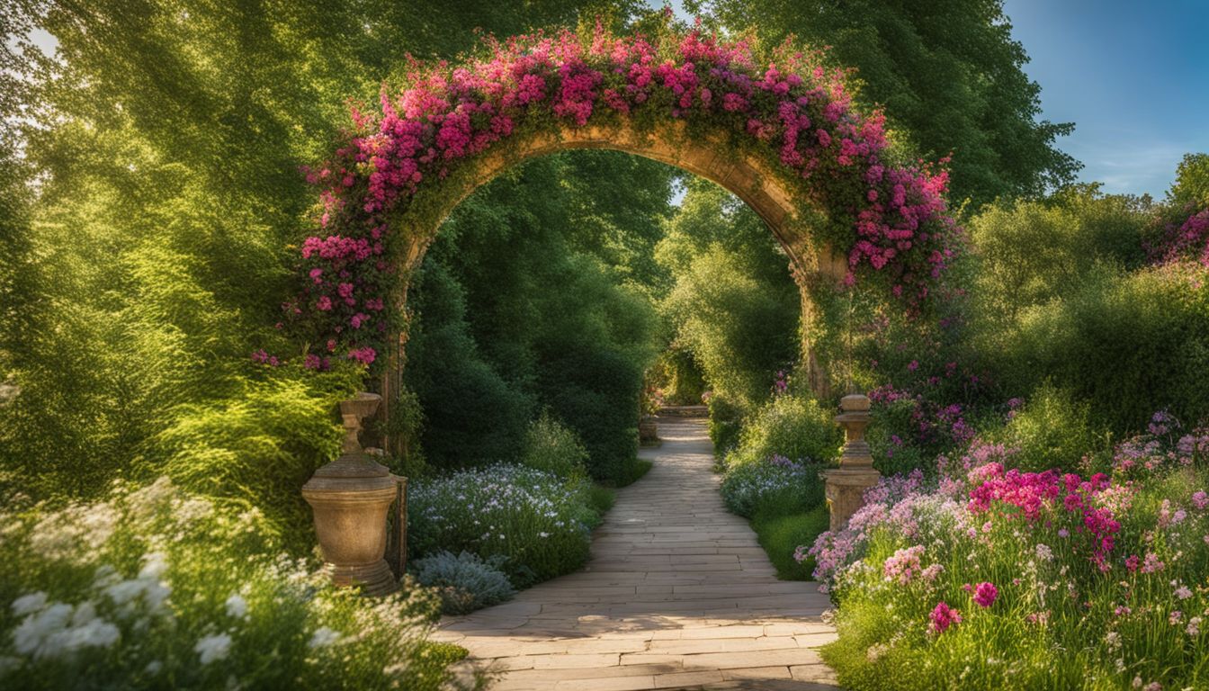 A stunning floral archway in a vibrant garden setting.