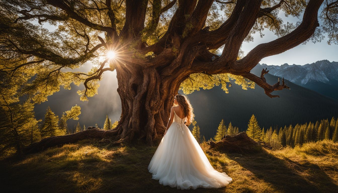 A bride and groom standing under a majestic tree in a Colorado forest on their wedding day.