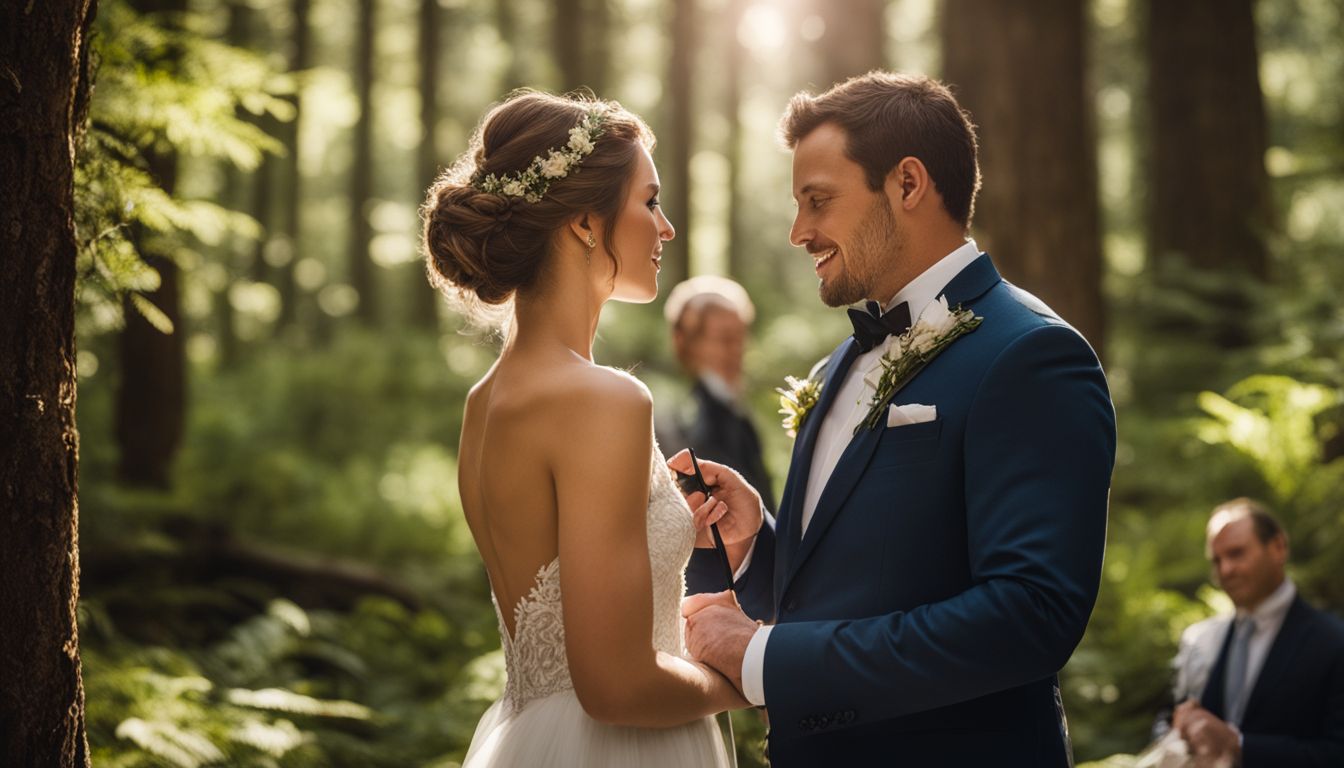 A bride and groom exchange vows in a beautiful forest clearing.