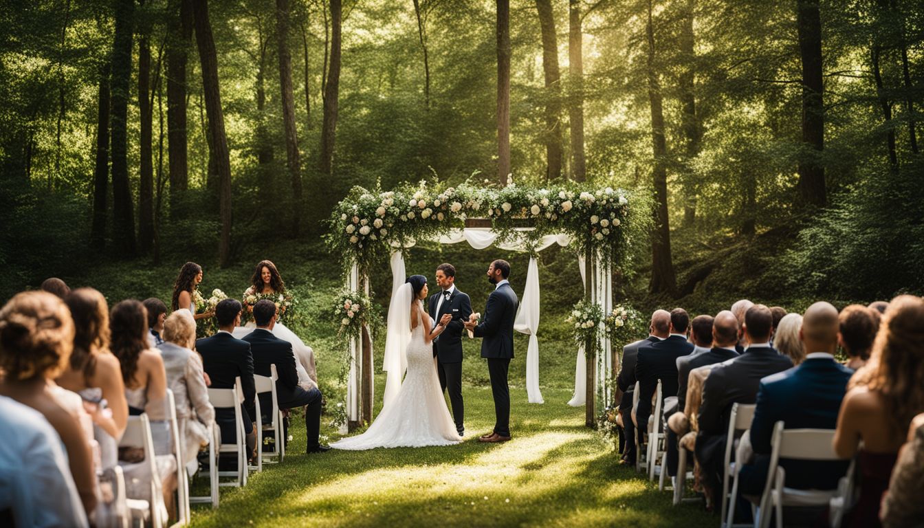 A bride and groom exchange vows in a lush forest surrounded by nature.