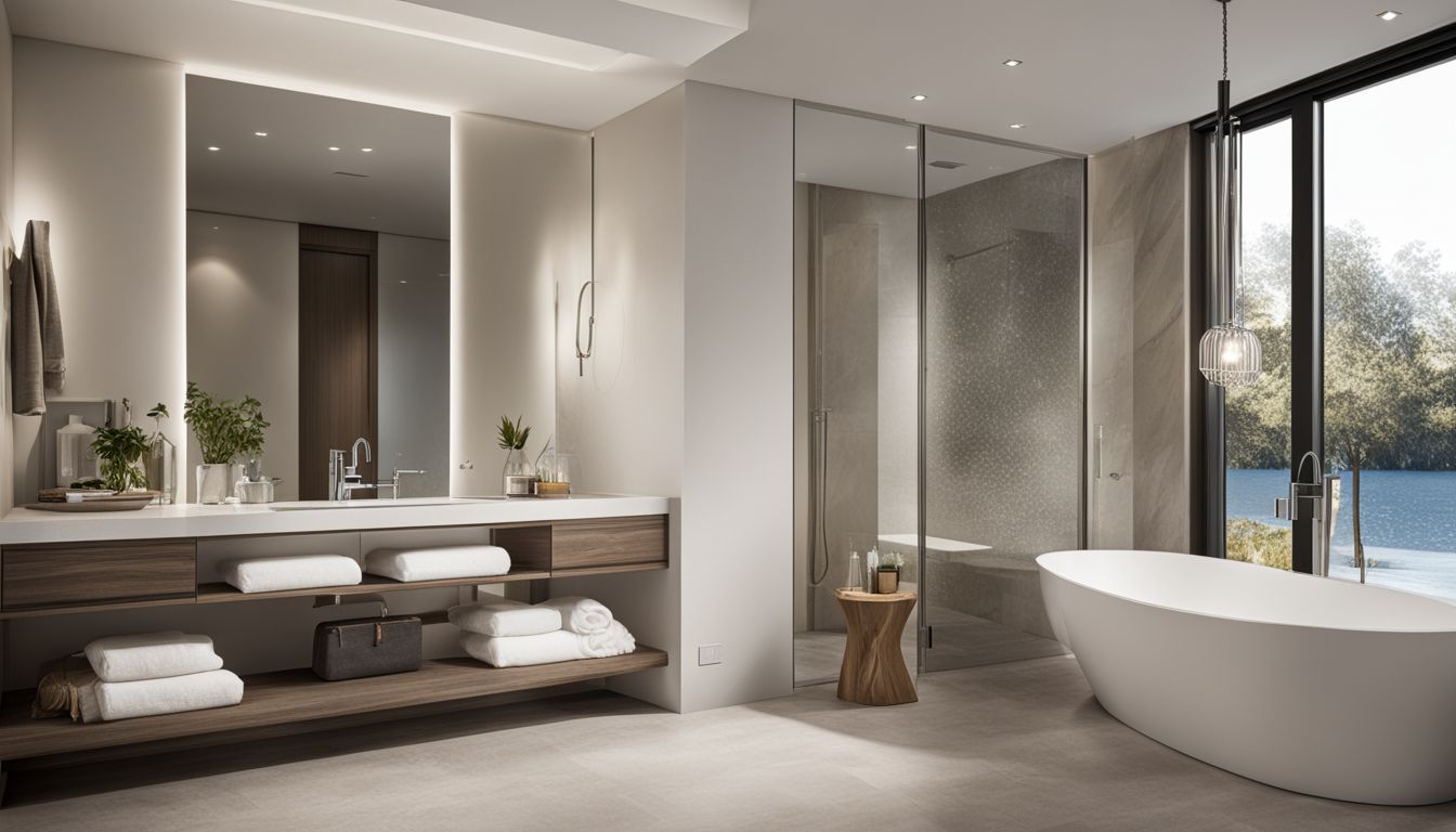 A modern bathroom with sleek fixtures and a neutral colour scheme, captured in high quality.