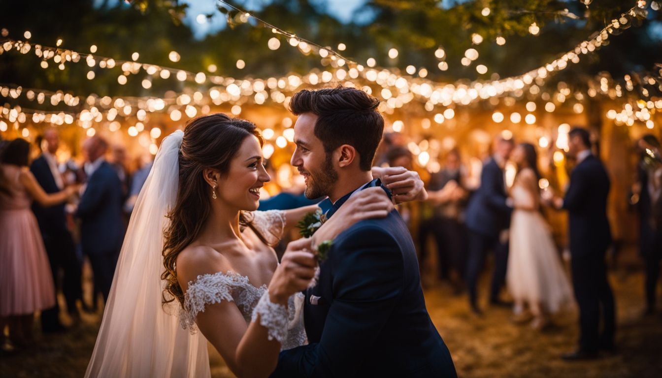 A newlywed couple dancing at their outdoor wedding reception under twinkling lights.