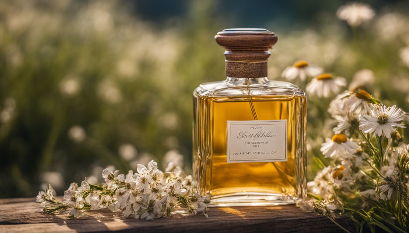 A glass bottle of indie perfume surrounded by wildflowers, with various people and bustling atmosphere.